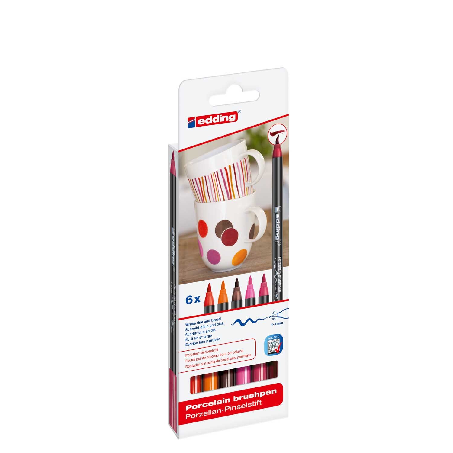 4200/6 S porcelain brushpen warm colours: Verpackung mit sechs mehrfarbigen Stiften von edding, ideal zum Bemalen von Porzellan.