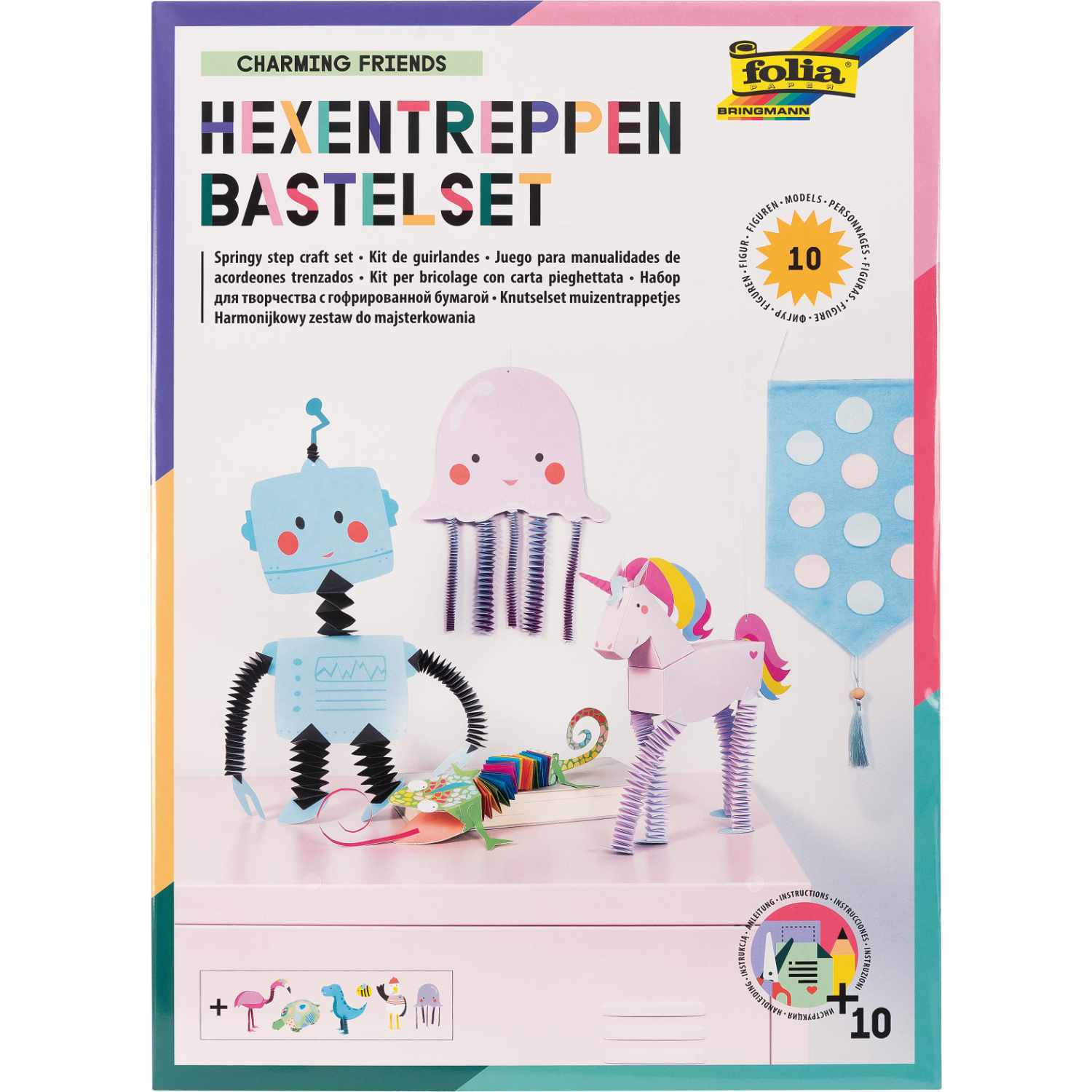 Hexentreppen Bastelset Charming Friends zeigt bunte Papierfiguren wie Roboter und Einhorn. Marke: folia. Ideal für kreative Bastelprojekte.
