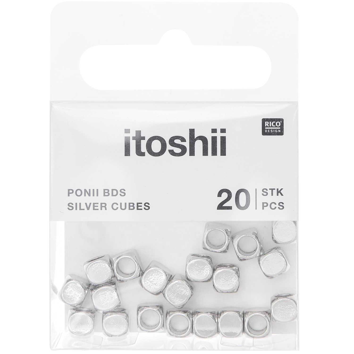Itoshii - Ponii Beads Würfel 5x5mm, 20 Stück in Silber von Rico Design, in einer transparenten Verpackung.