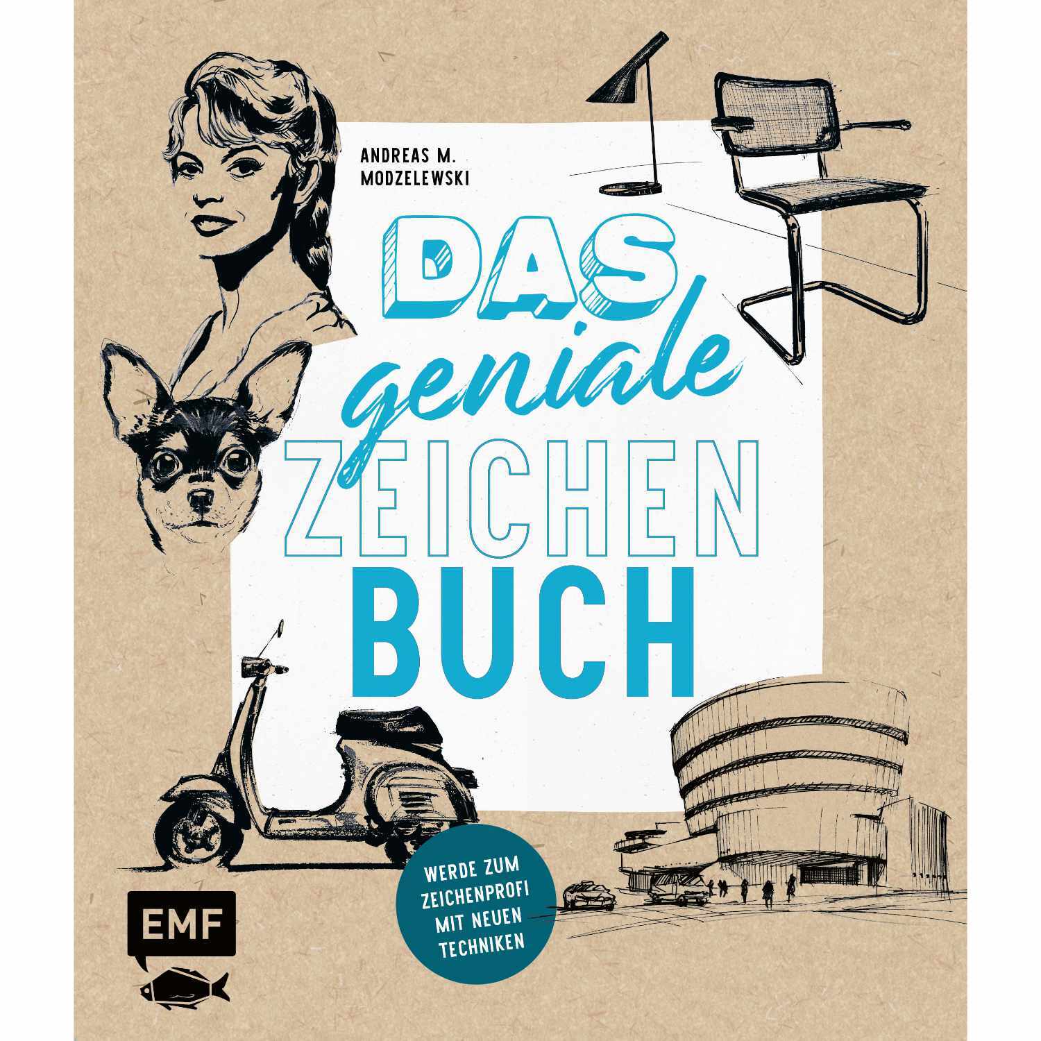 Das geniale Zeichenbuch von EMF zeigt Illustrationen von Frau, Hund, Roller und Architektur.