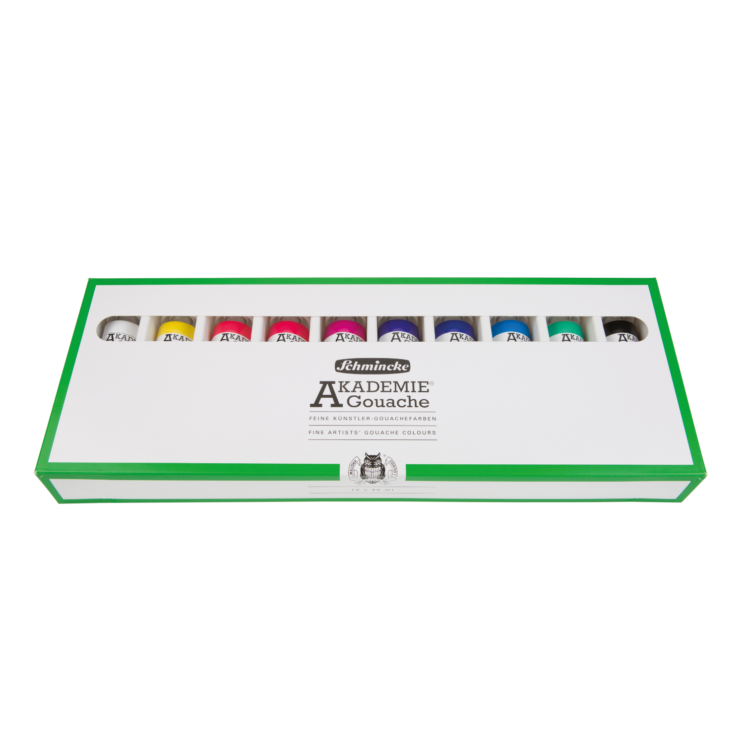 Akademie Gouache Kartonset 10x60ml von Schmincke, präsentiert in einer weißen Box mit grüner Umrandung, zeigt zehn bunte Farbtuben.