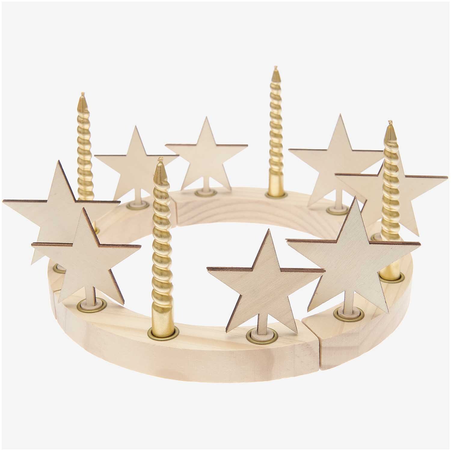 Adventskranzfiguren Stern 8 Stück von Rico Design: Holzkranz mit goldenen Kerzen und Sternen.
