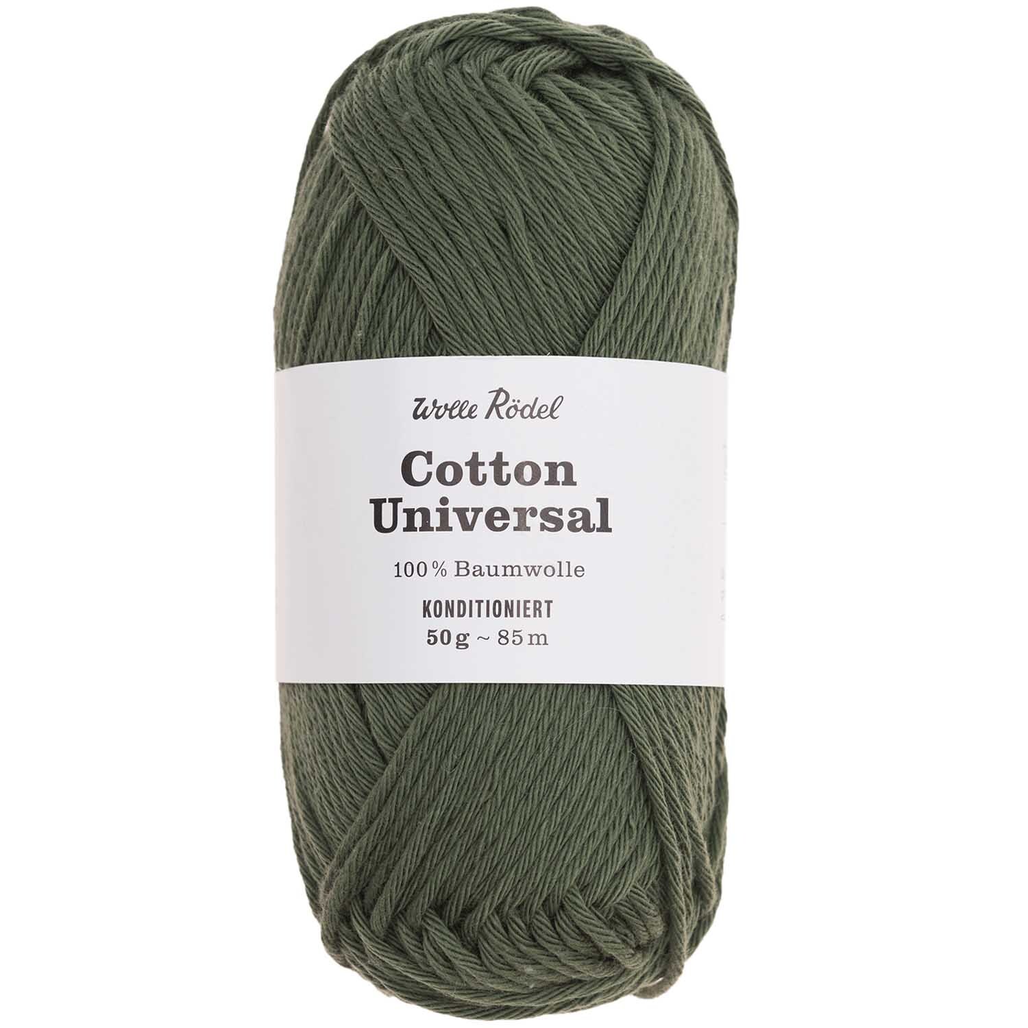 Cotton Universal: Grünes Baumwollgarn von Wolle Rödel, 50g Knäuel mit 85m Länge, ideal zum Stricken.