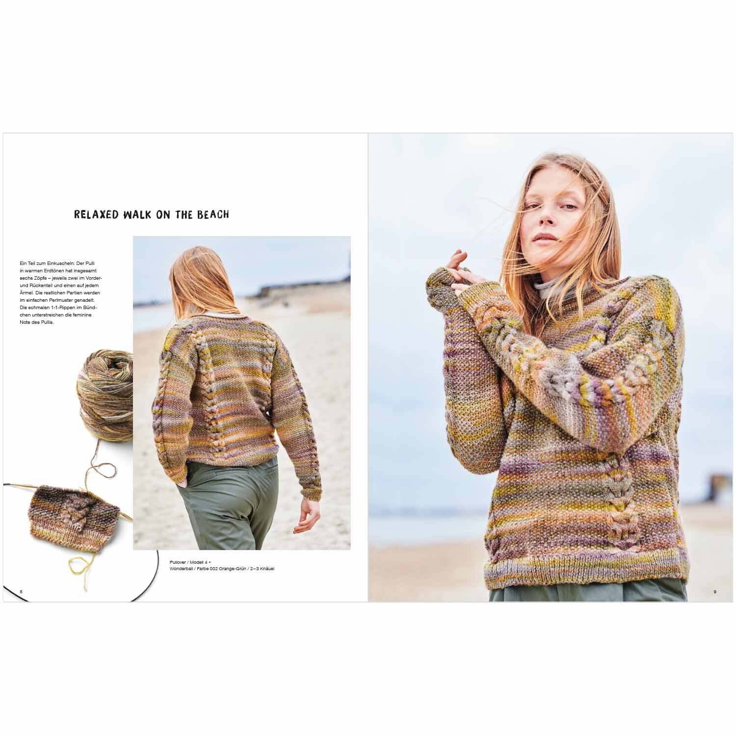 Wonderball Special: Frau am Strand in gestricktem Pullover von Rico Design in Erdtönen, entspannt.