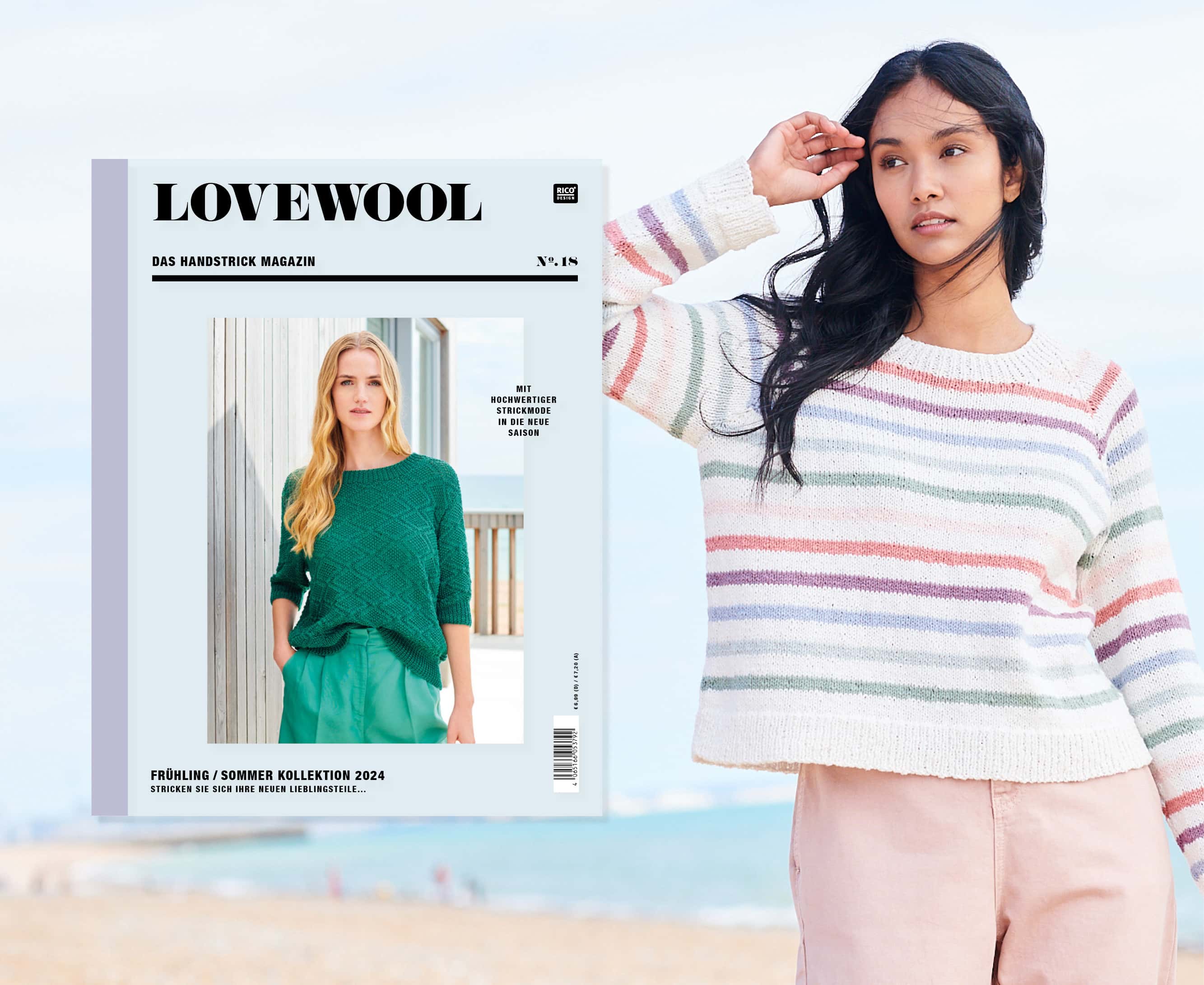 Frau trägt gestreiften Strickpullover Modell 14 aus Lovewool No. 18 an Strandlandschaft. Daneben Cover des Handstrick Magazins Lovewool No. 18 
