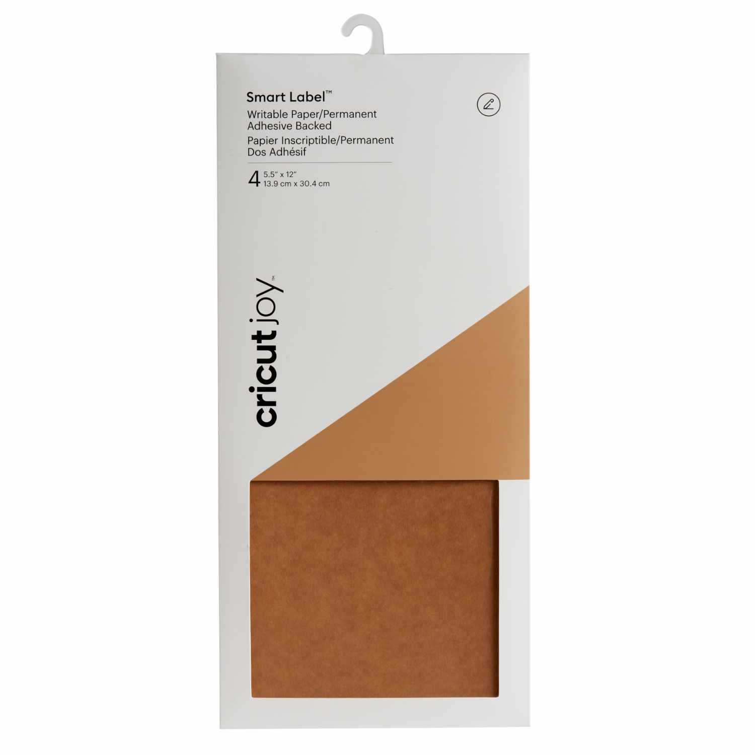 Joy Smart Label Cardstock in Braun, 13,9x30,5cm, 4 Stück. Verpackung zeigt braunes Papier von Cricut.