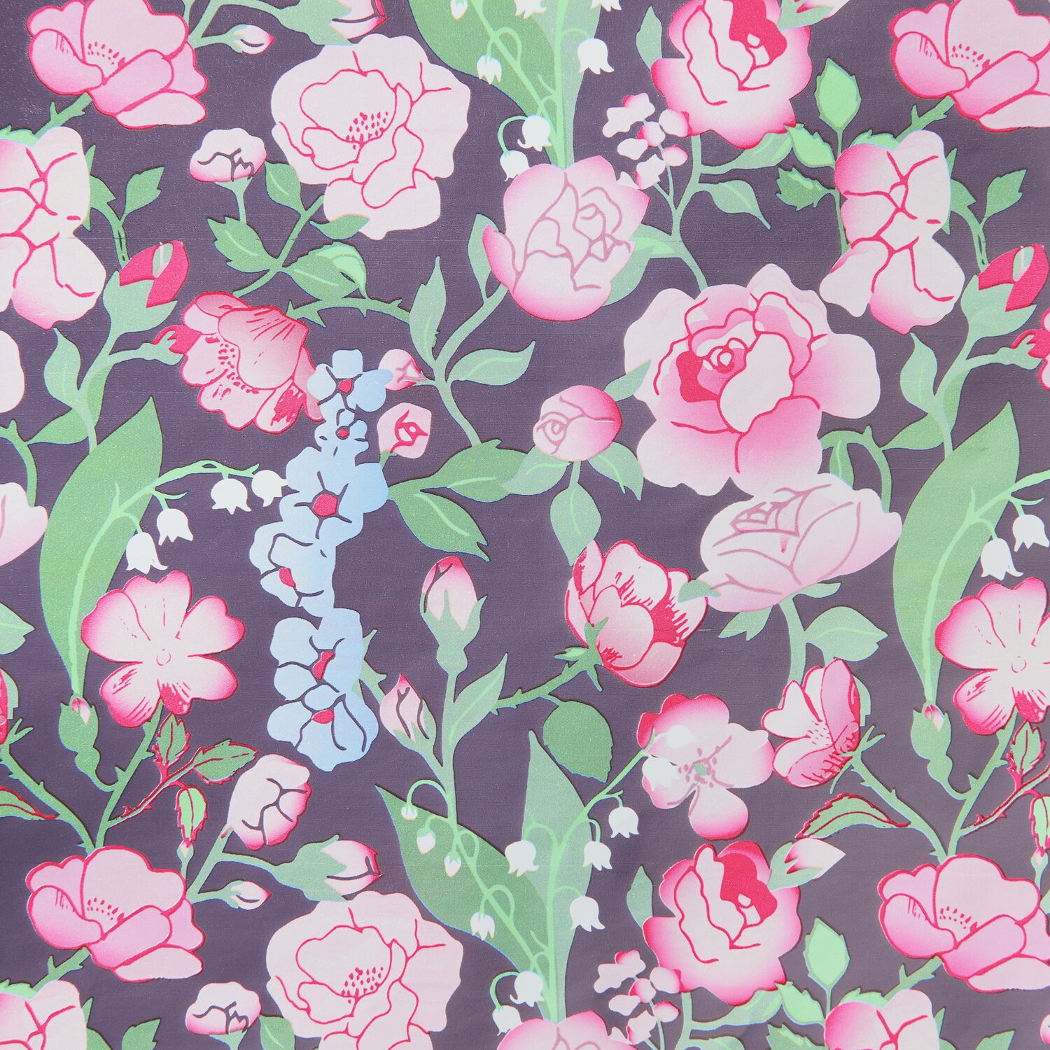 Geschenkpapier Rosen Ranken mit rosa Blumenmuster auf dunkelviolettem Hintergrund, 200x70cm, 80g/m². Ideal für stilvolle Verpackungen.