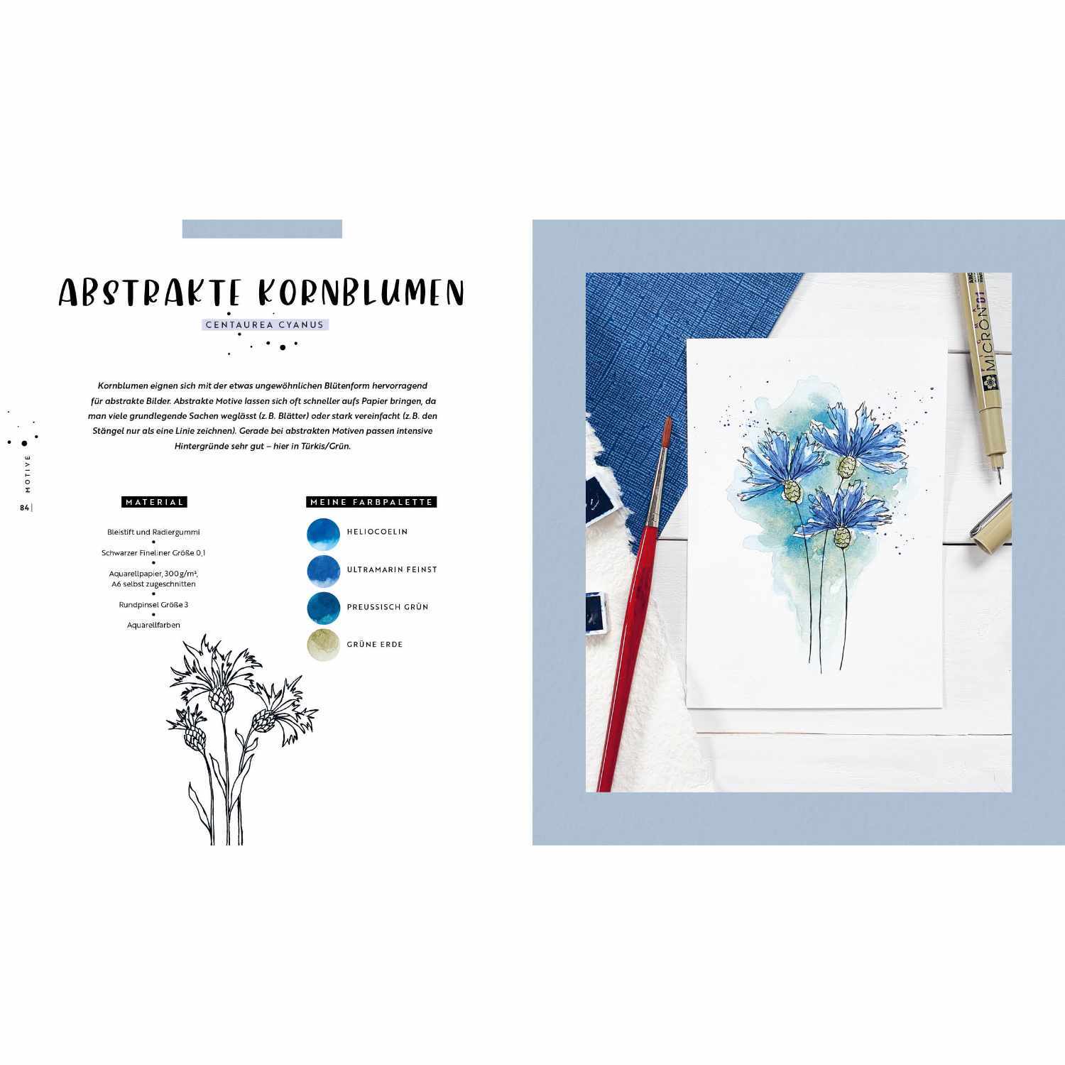 Watercolor - Florale Motive aus Wiese, Wald & Garten zeigt abstrakte Kornblumen in Blau auf einer Karte mit Pinseln und Farbpalette.