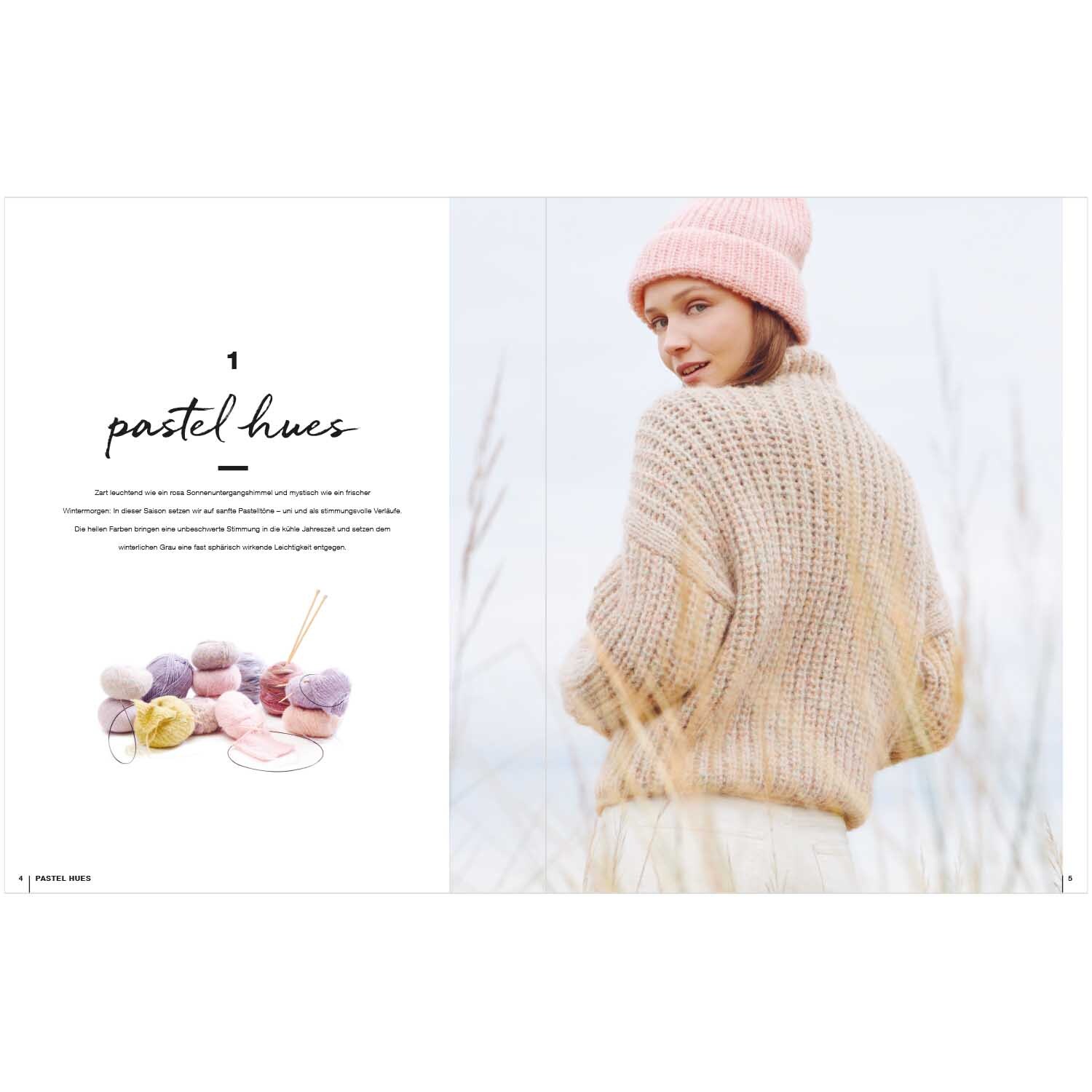 Lovewool Nr.13 Handstrickmagazin Herbst-Winter zeigt eine Frau in einem beigen Strickpullover und rosa Mütze, umgeben von pastellfarbenen Garnknäueln.