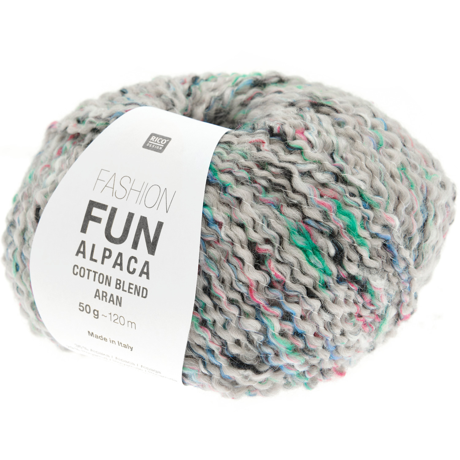 Rico Design Fun Alpaka Cotton Blend aran, weiches Garn in Grau mit bunten Akzenten, 50g Knäuel, ideal für kreative Strickprojekte.
