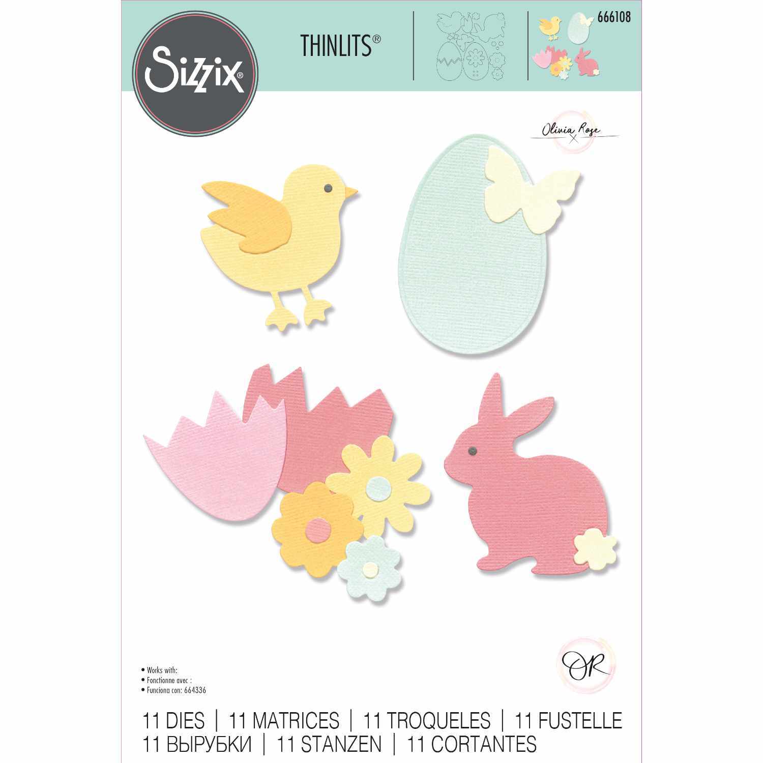 Thinlits Die Set Basic Easter Shapes zeigt bunte Osterformen wie Küken, Ei, Hase und Blumen. Ideal für kreative Bastelprojekte.