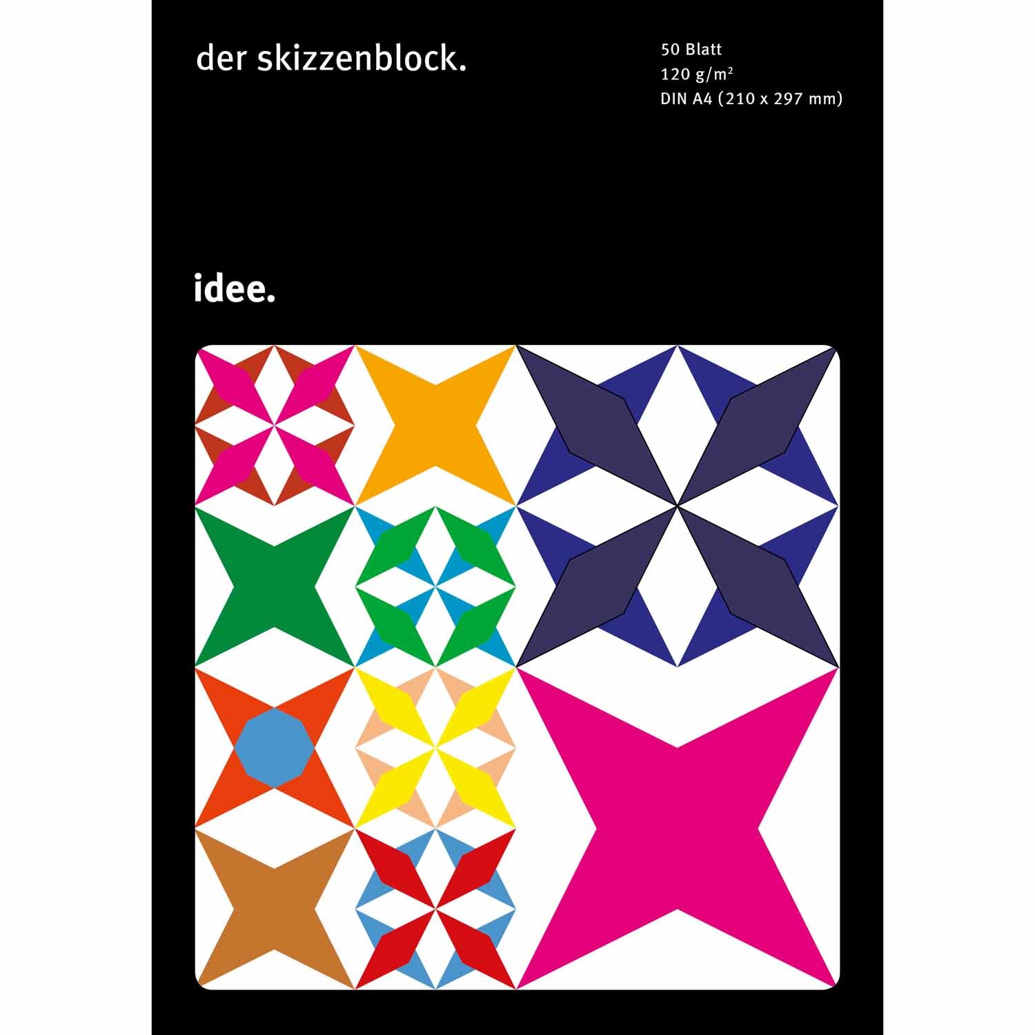 Skizzenblock 120g/m² 50 Blatt von idee. Creativmarkt mit bunten geometrischen Mustern auf schwarzem Hintergrund.