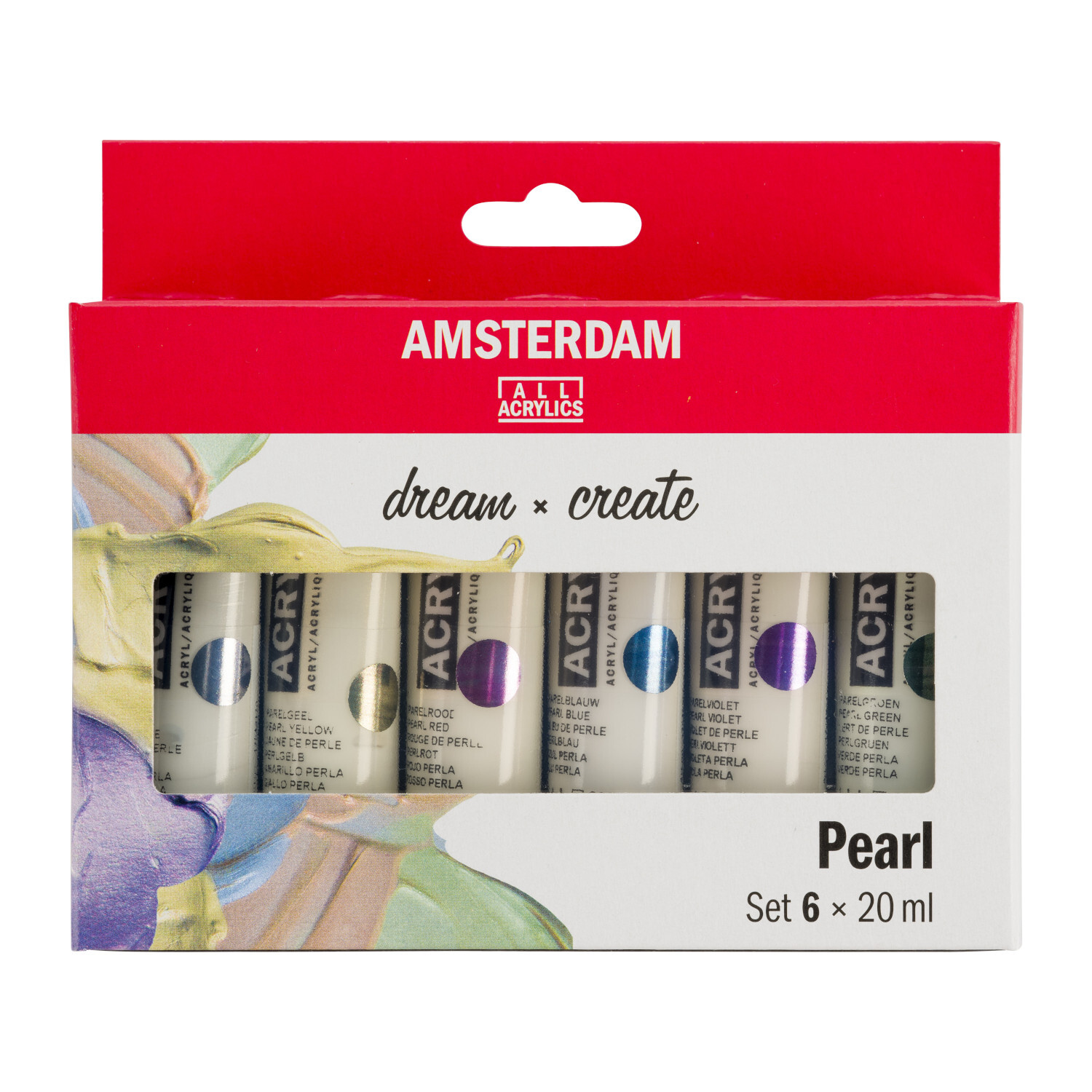 Perlfarben Set 6 x 20 ml von AMSTERDAM, sechs Acrylfarben in einer Verpackung mit floralem Design.