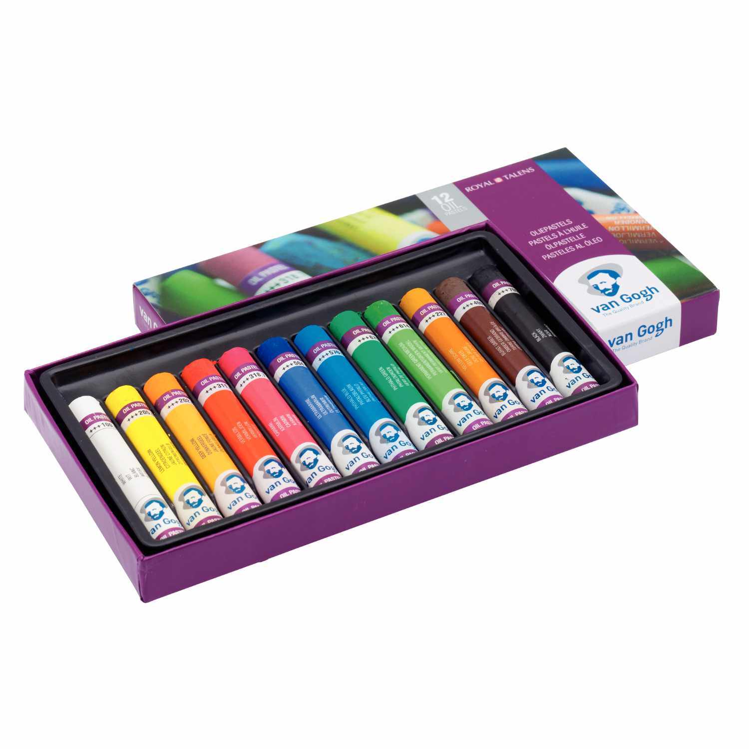 Öl-Pastelle Set 12 Farben von van Gogh, präsentiert in einer offenen Schachtel mit lebendigen Tönen. Ideal für kreative Künstler.