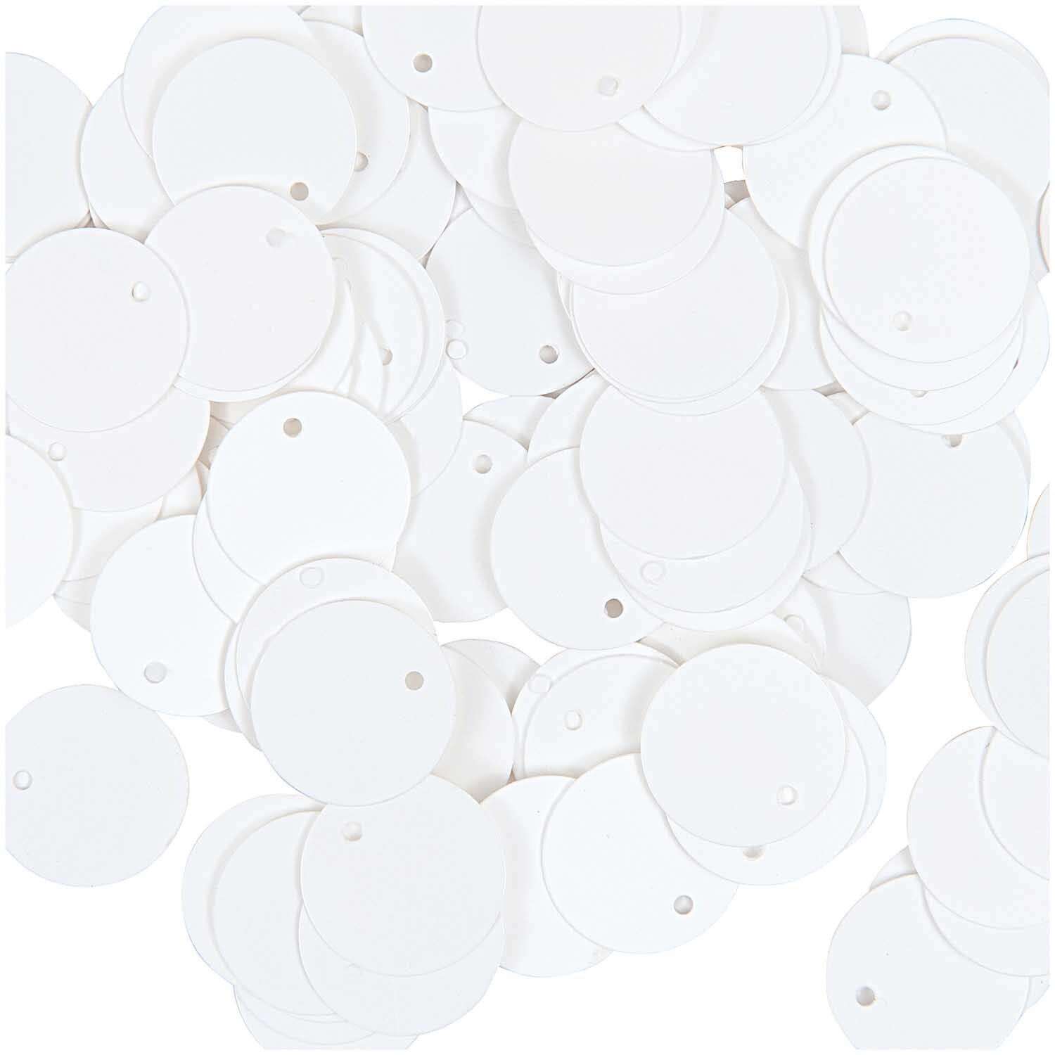Pailletten zum Aufnähen 12mm von Rico Design, weiße runde Pailletten auf einem Haufen.
