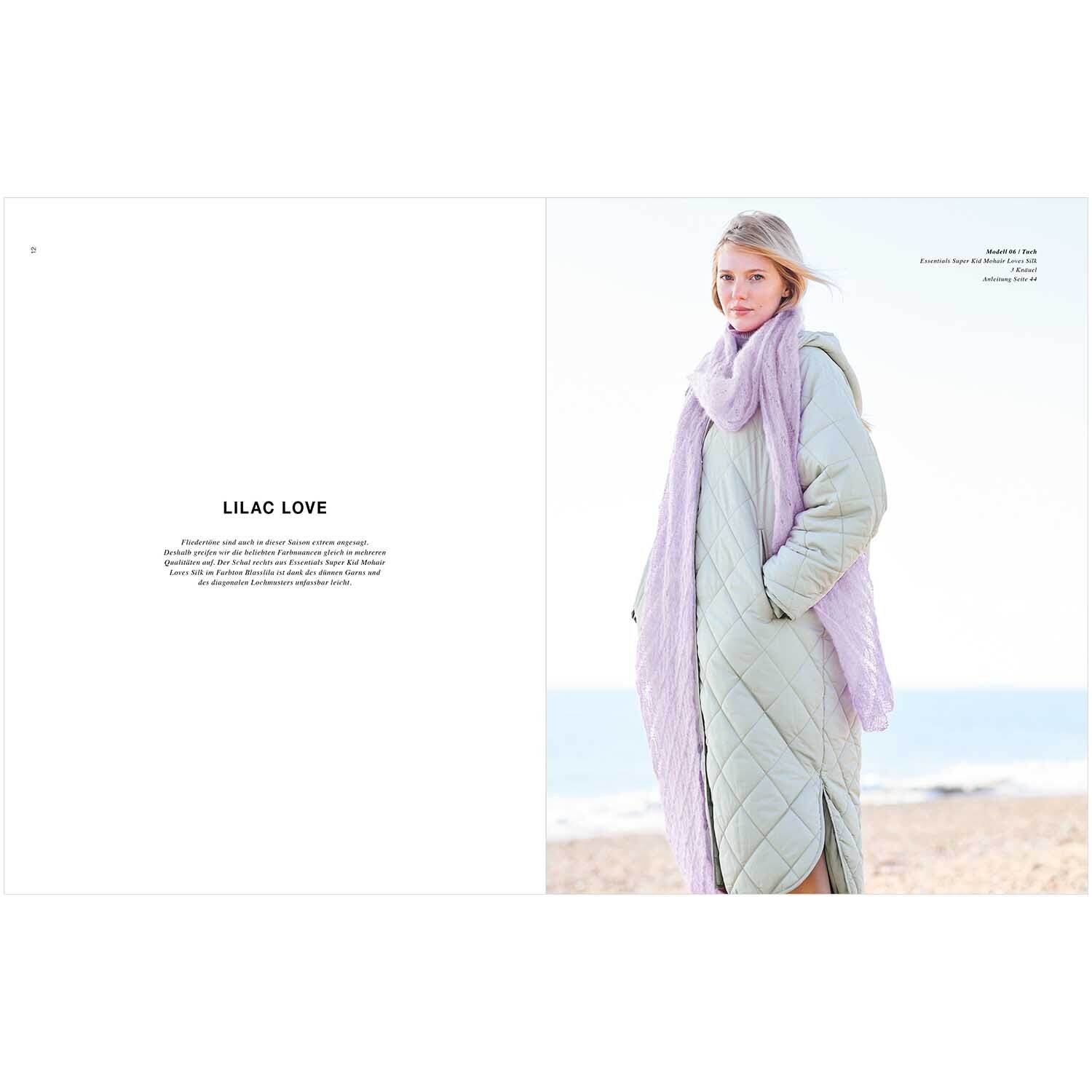 Accessoire Special: Frau am Strand in einem langen, gesteppten Mantel mit lila Schal von Rico Design.