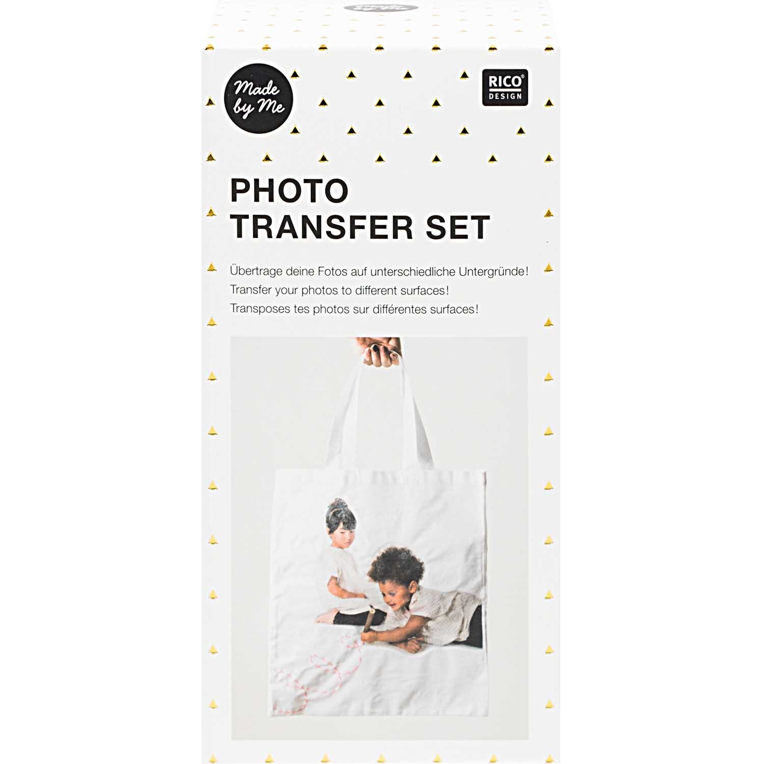 Photo Transfer Set: Set zur Übertragung von Fotos auf verschiedene Oberflächen, abgebildet auf einer Tasche.