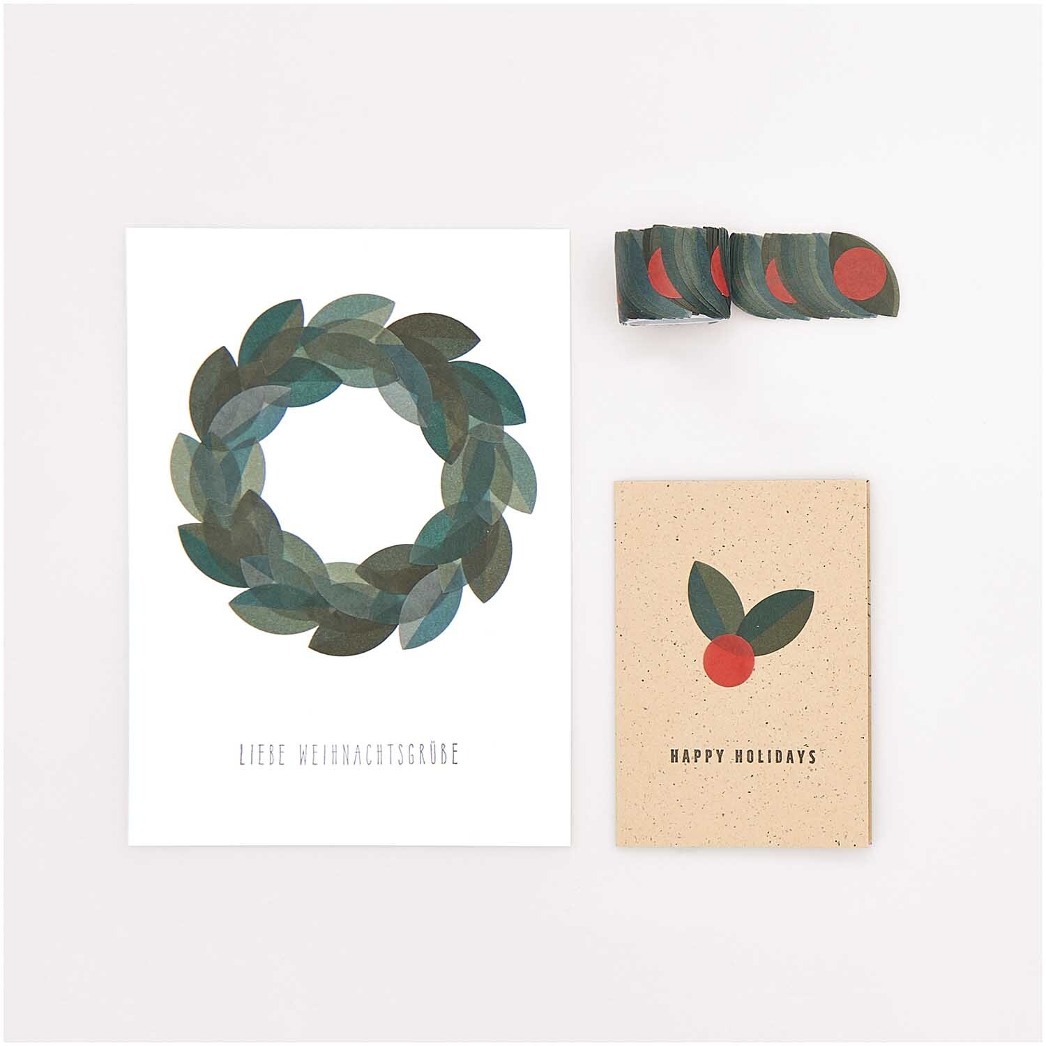Paper Poetry Washi Sticker Blätter 200 Stück von Rico Design mit grünen Blättern und roten Akzenten auf Karten und Stickern.