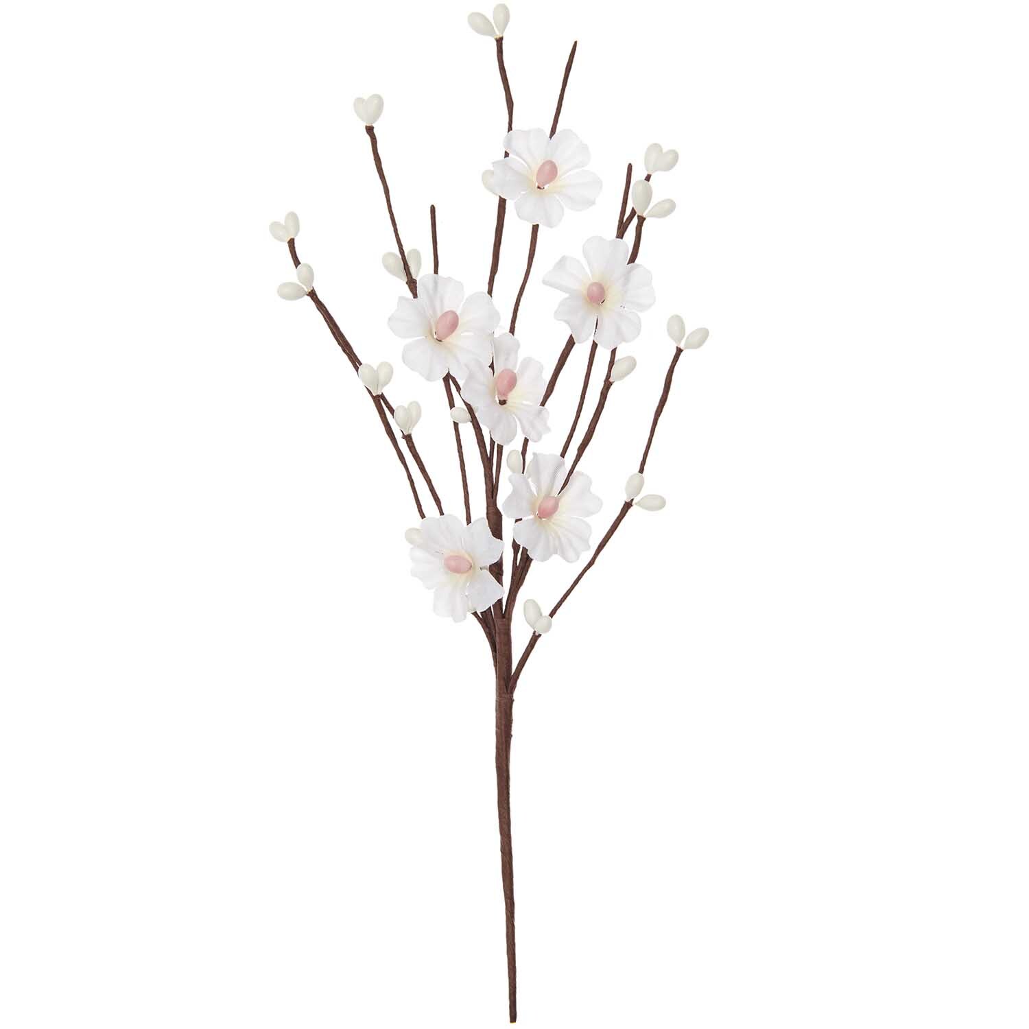 Picker Kirschblüte von Rico Design: Ein weißer, 26 cm langer Zweig mit zarten Kirschblüten und Knospen.