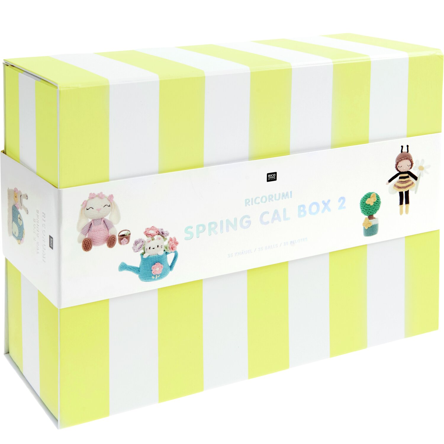Creative Ricorumi dk Spring CAL Box 2 von Rico Design, gelbe und weiße gestreifte Verpackung mit niedlichen Häkelmotiven.