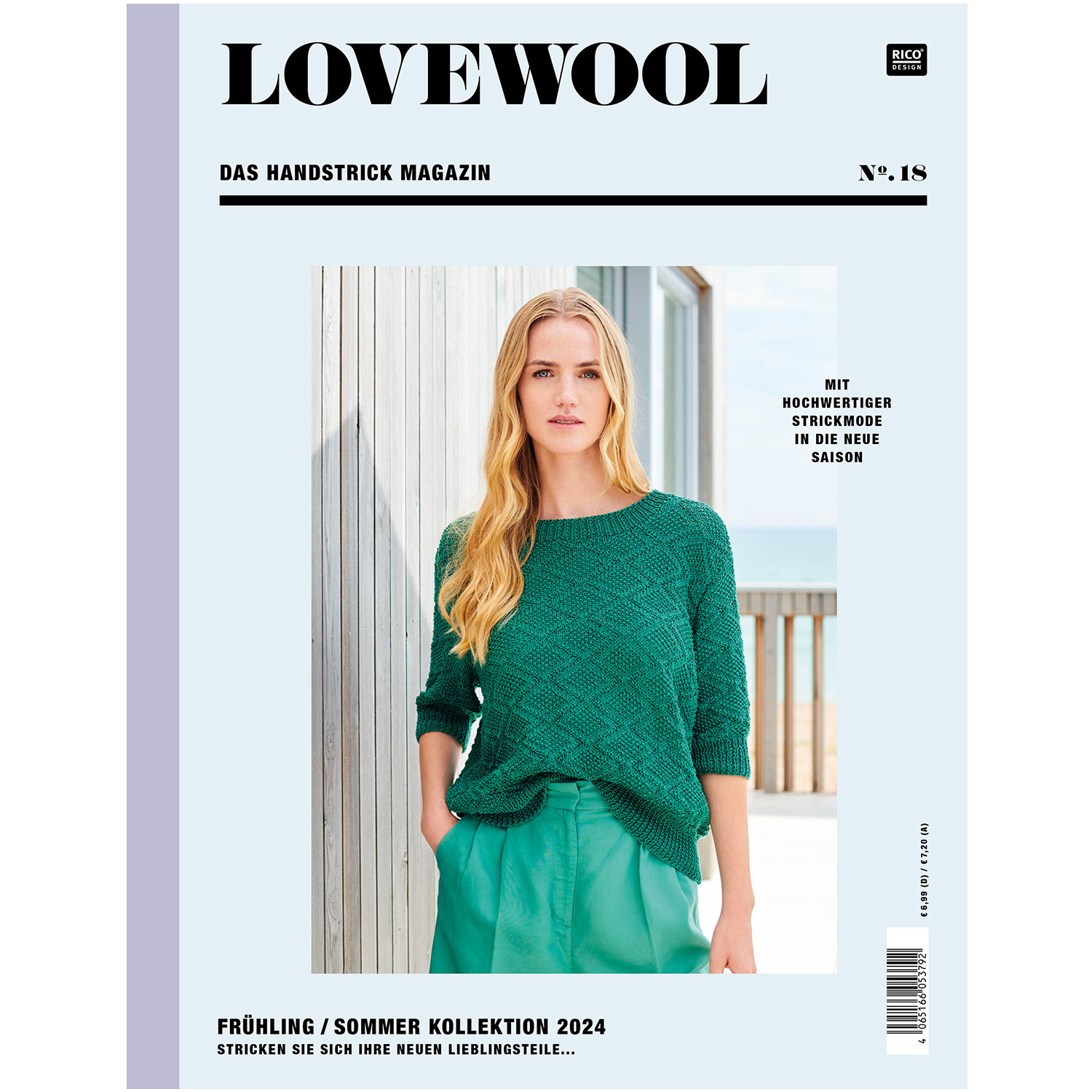 Lovewool No.18 Frühjahr-Sommer zeigt ein Strickset-Top in Grün von Rico Design, ideal für die neue Saison.