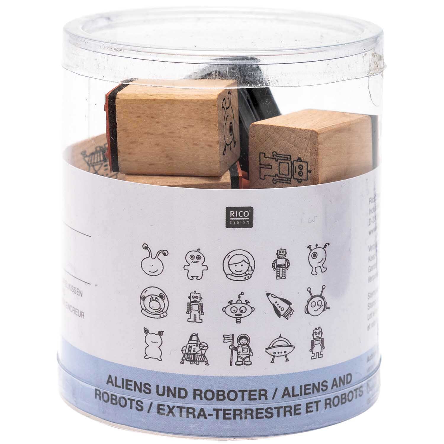Stempelset Aliens & Roboter 2x2cm, 16-teilig, zeigt schwarze Motive von Aliens und Robotern in einer transparenten Verpackung.