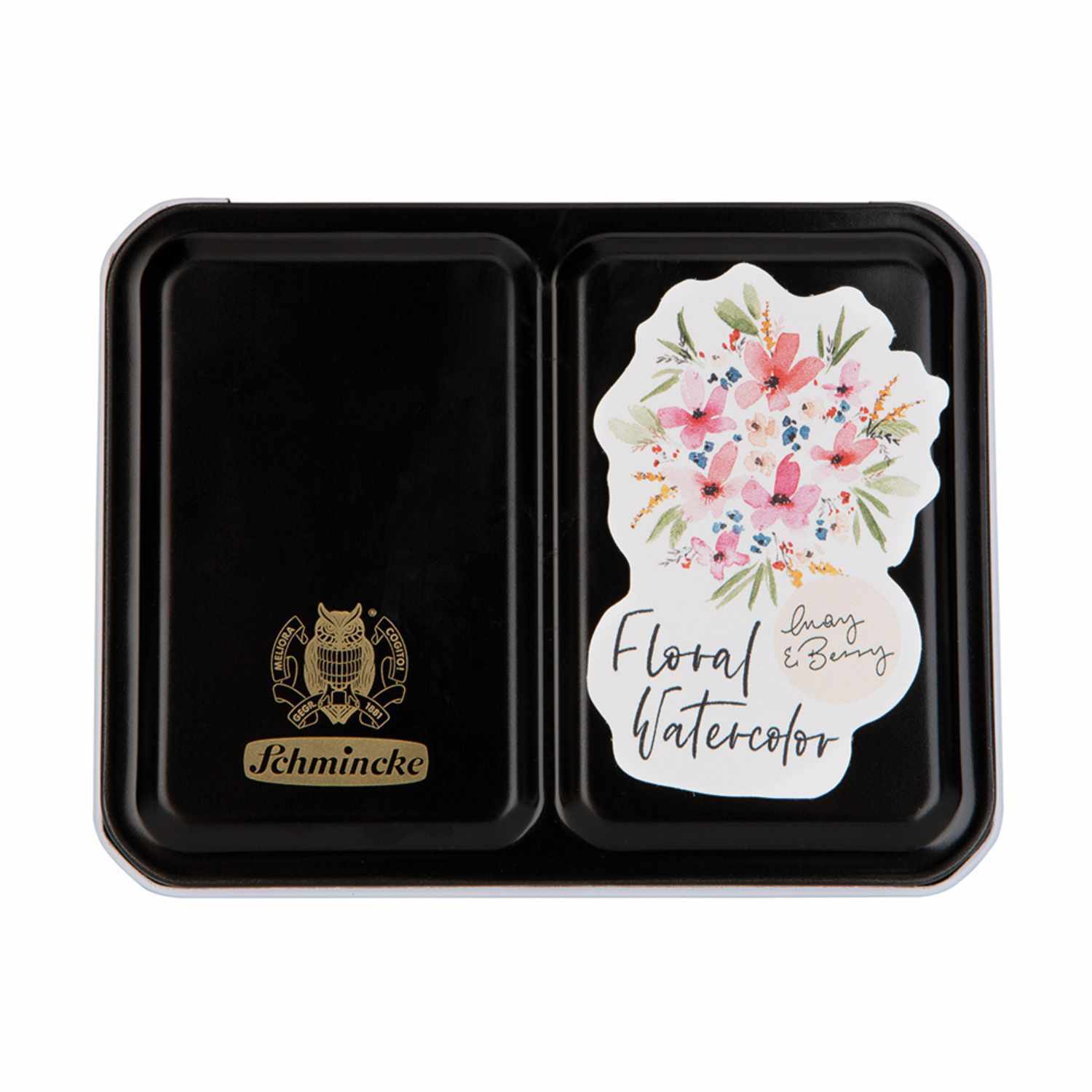 Schmincke Akademie Aquarellkasten mit 18 halben Näpfen, schwarze Box mit floralem Design von May&Berry.