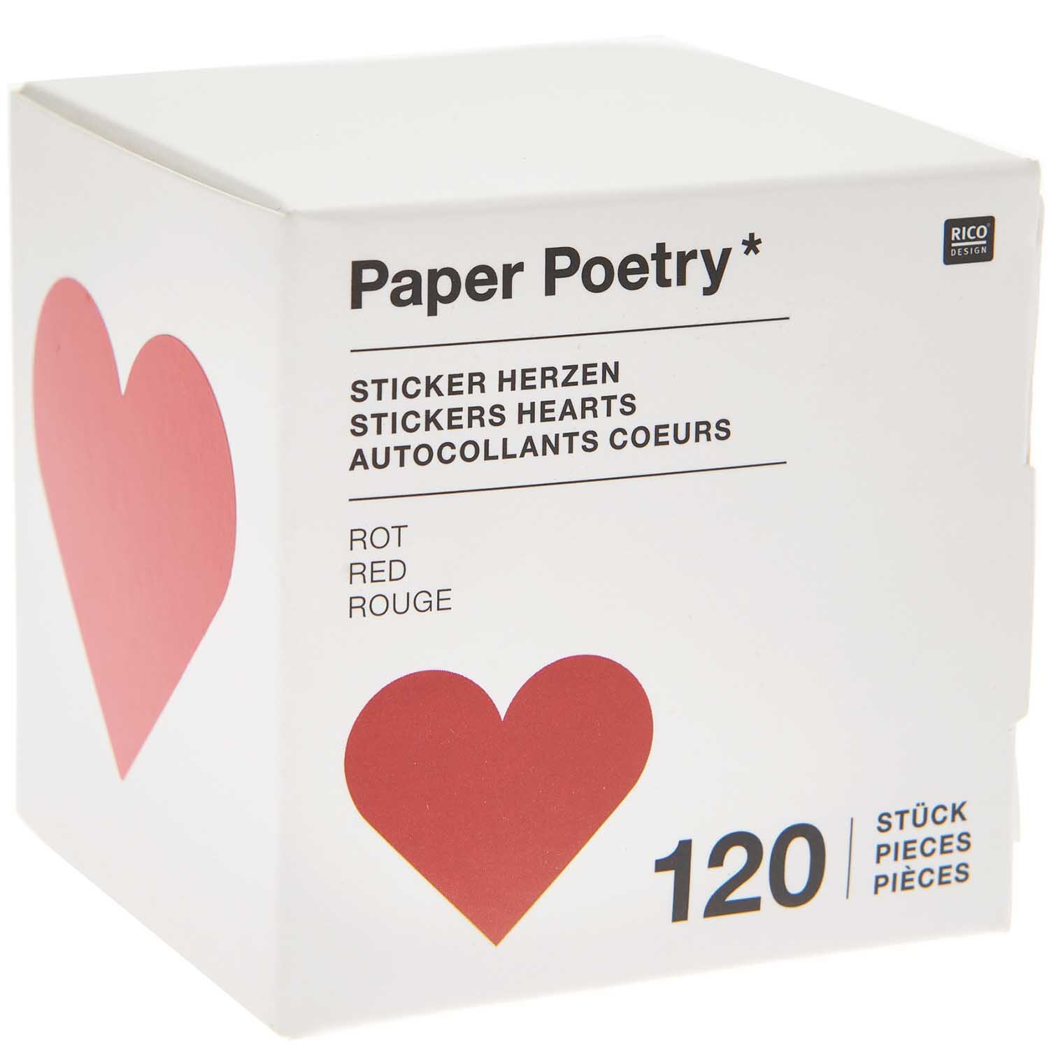 Paper Poetry Sticker Herzen 5cm, 120 Stück auf Rolle. Weiße Box mit rotem Herzmotiv von Rico Design. Ideal für kreative Projekte.