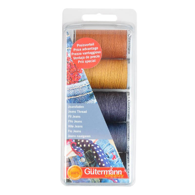 Jeans Set: Fünf Spulen Gütermann Nähgarn in verschiedenen Farben, ideal für Jeansprojekte.