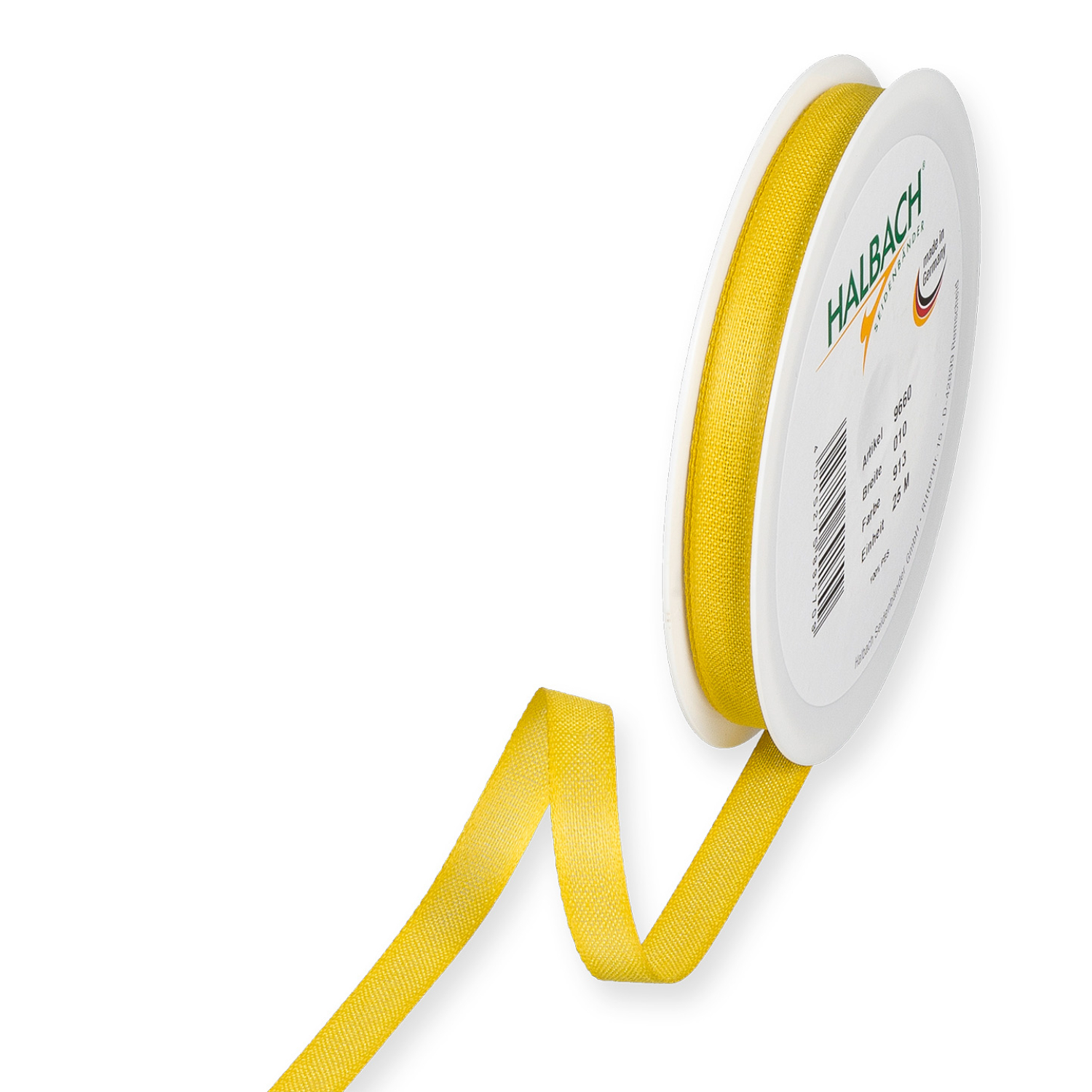 Dekoband in Baumwolloptik 10mm 7m, honiggelb, auf Rolle von Halbach, ideal für kreative Projekte.