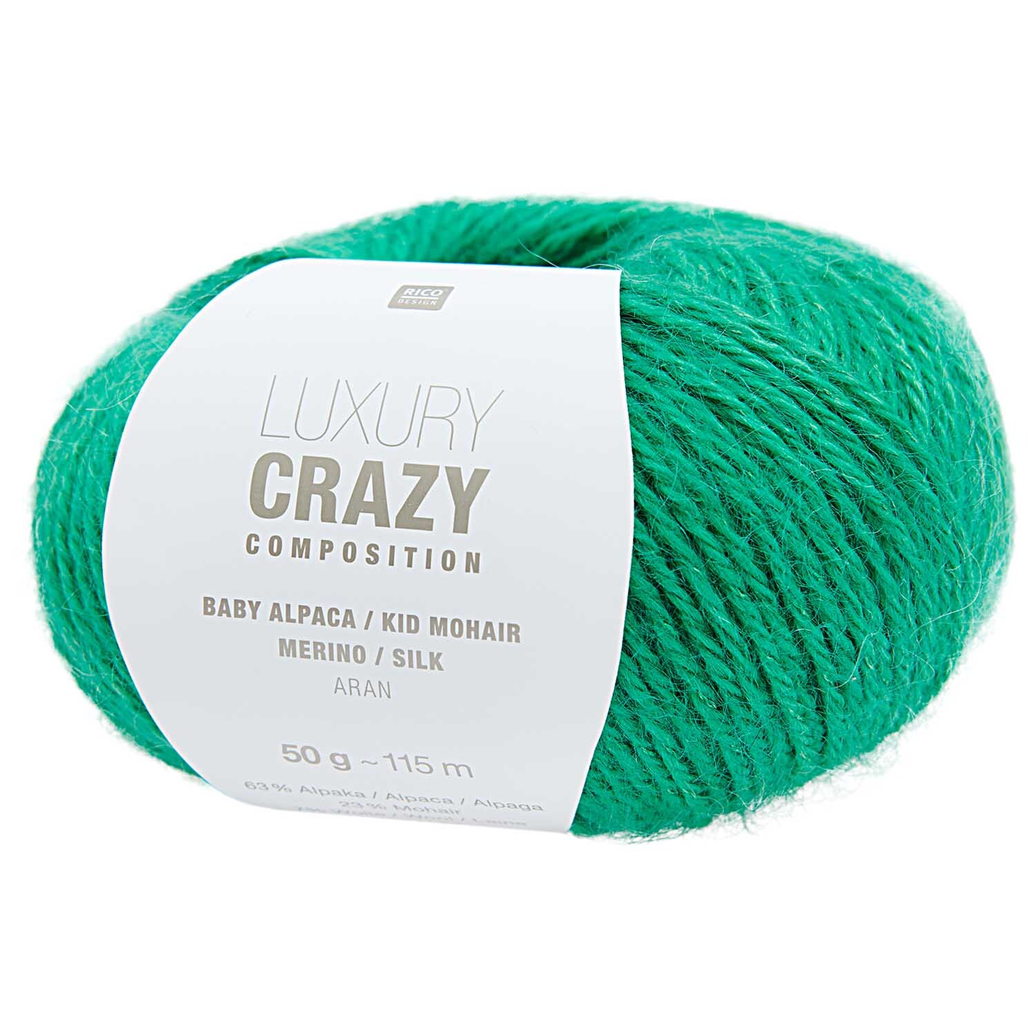 Luxury Crazy Composition aran: Weiches, grünes Garnknäuel aus Baby Alpaka und Seide, 50g von Rico Design.