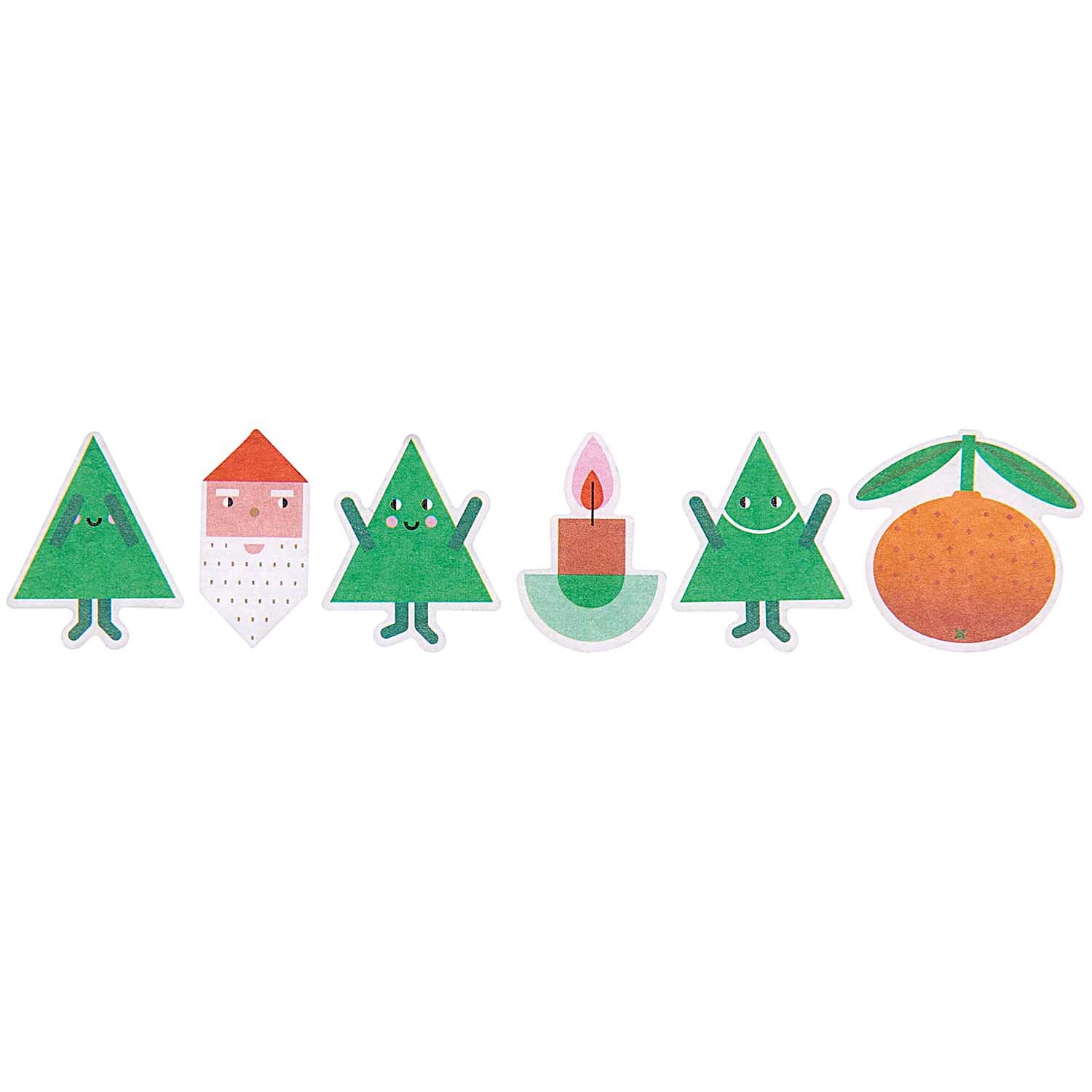 Washi Sticker Weihnachtsfiguren 200 Stück von Rico Design zeigen fröhliche Weihnachtsbäume, eine Kerze und eine Orange.