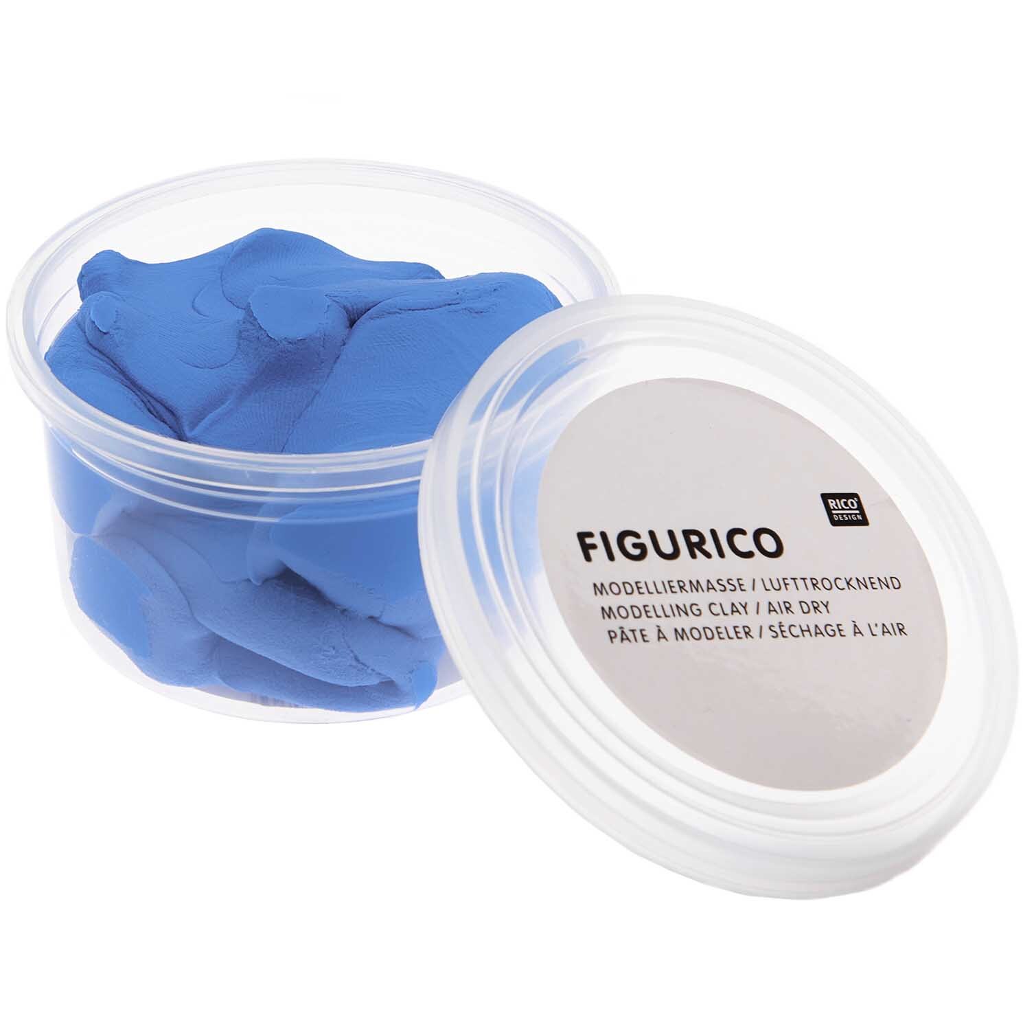 Figurico Modelliermasse 28g in Blau von Rico Design in einer transparenten Kunststoffdose. Ideal für kreative Projekte.
