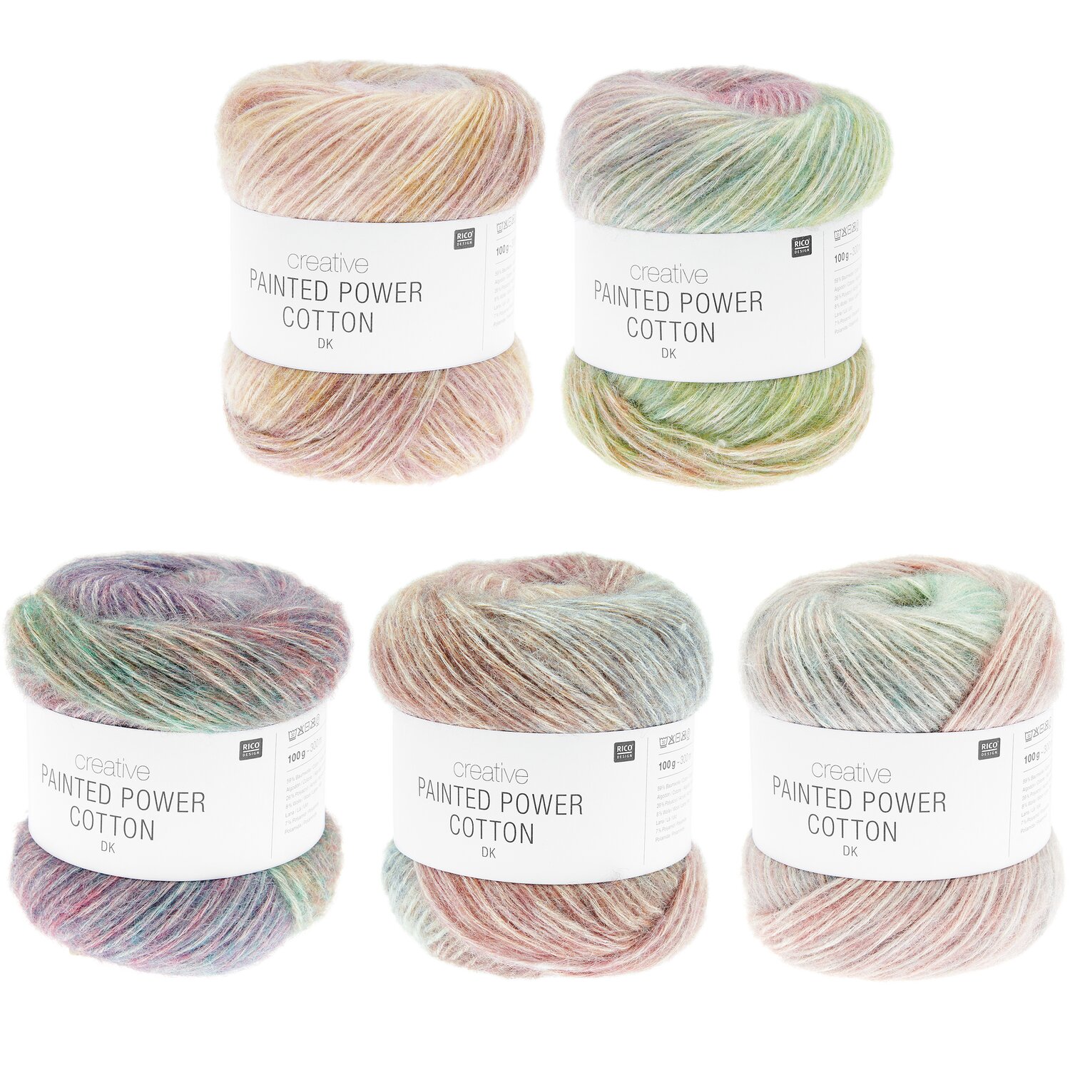 Creative Painted Power Cotton dk Sortiment, 5 bunte Wollknäuel von Rico Design in verschiedenen Farbtönen. Ideal für kreative Strickprojekte.