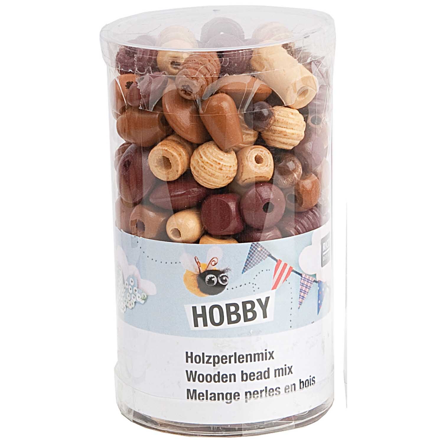 Holz-Perlen Mix natur 200g: Eine Dose mit verschiedenen natürlichen Holzperlen von Rico Design. Ideal für kreative Bastelprojekte.