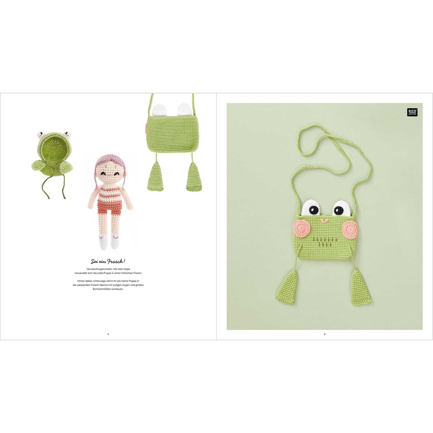 Ricorumi Crochet Your Character deutsch: Gehäkelte grüne Froschtasche von Rico Design mit Augen und rosa Wangen.