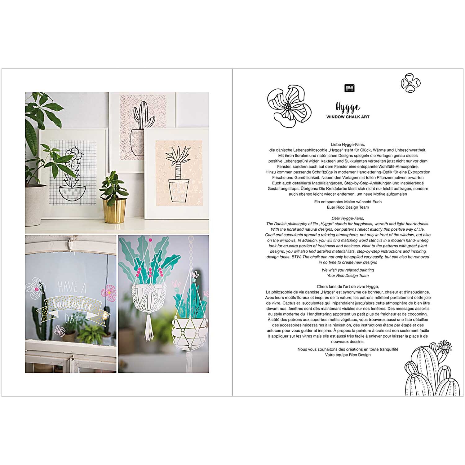 Vorlagenmappe Hygge Fenster- und Glasmalerei mit Kreidestiften zeigt kreative Pflanzenmotive auf Glas und Papier, ideal für stilvolle Dekorationen.