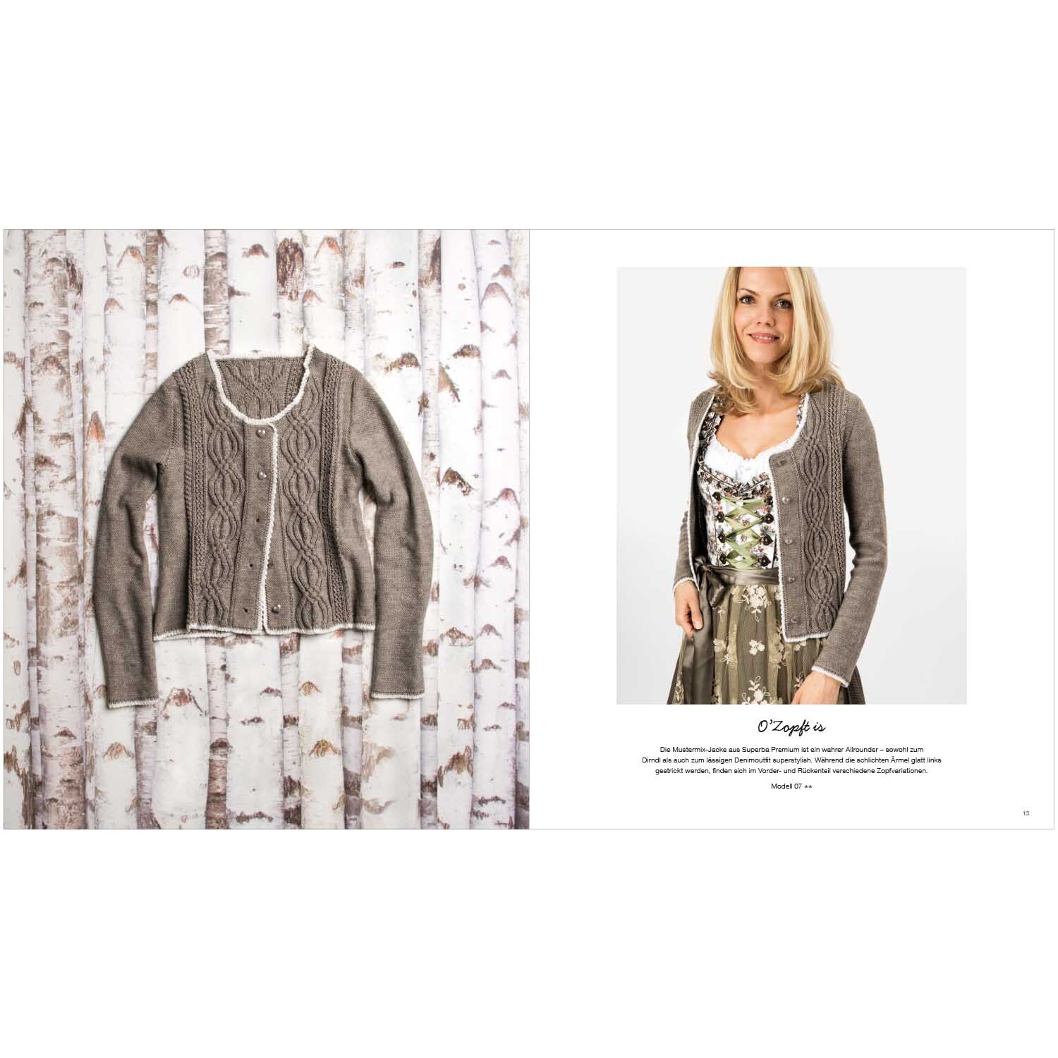 Trachtenbuch Alpine Knits: Strickjacke in traditionellem Design vor Birkenwald, Modell trägt Kleid und Jacke. Marke: Rico Design.