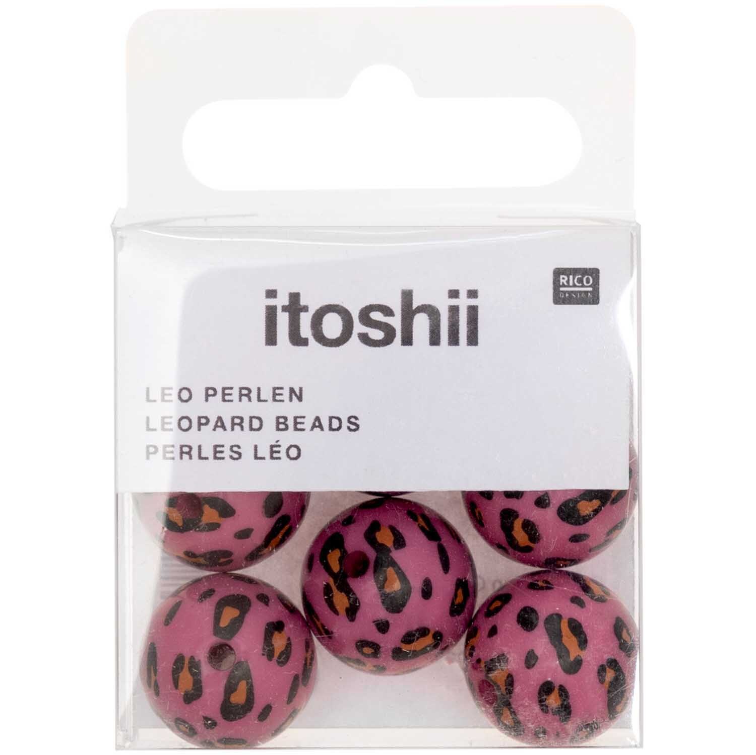 Perlen Acid Leo 16mm 6 Stück: Sechs pinke Leo-Perlen von Rico Design in einer transparenten Verpackung.