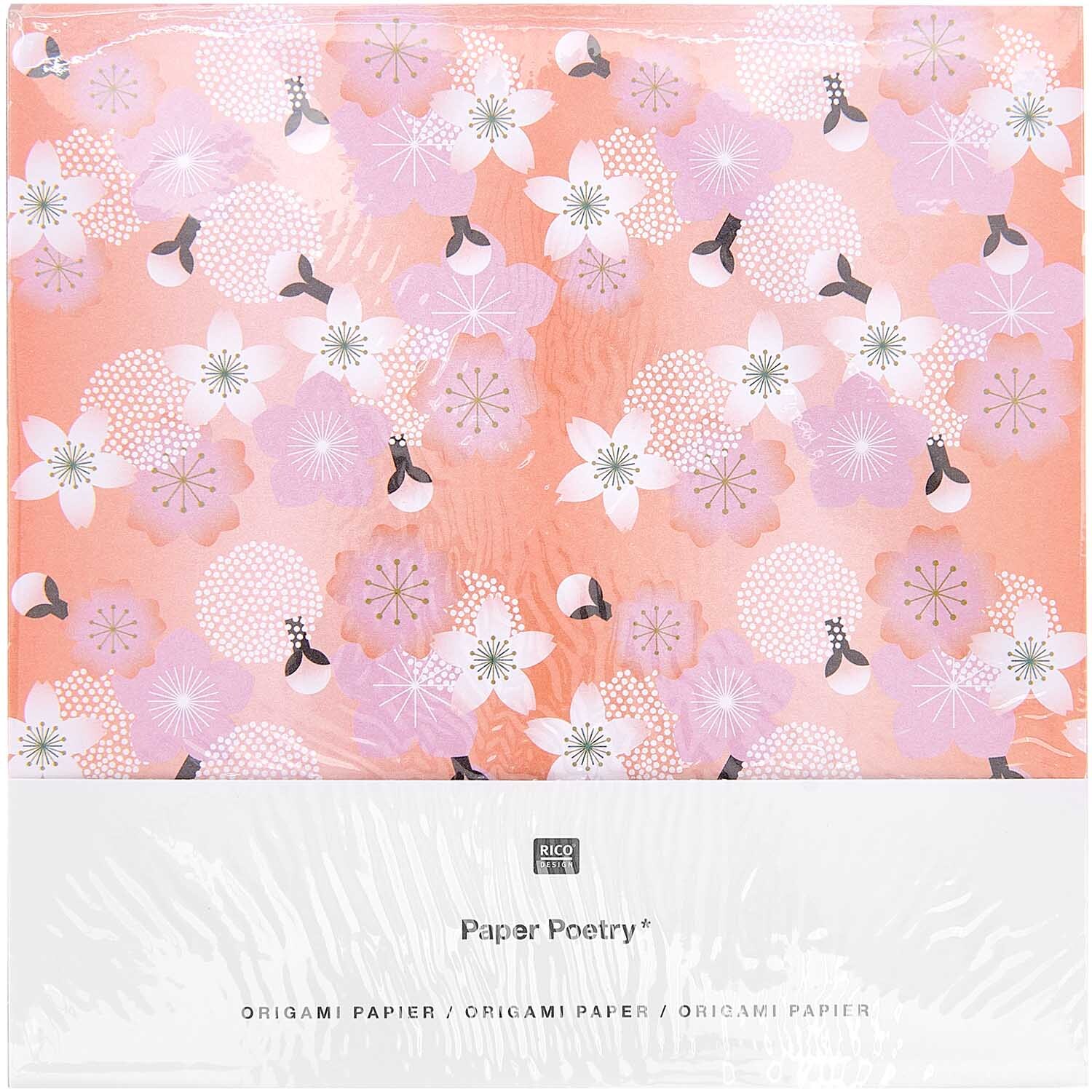 Paper Poetry Origami Kirschblütenpapier zeigt zarte Blütenmuster in Rosa und Weiß von Rico Design. Ideal für kreative Projekte.