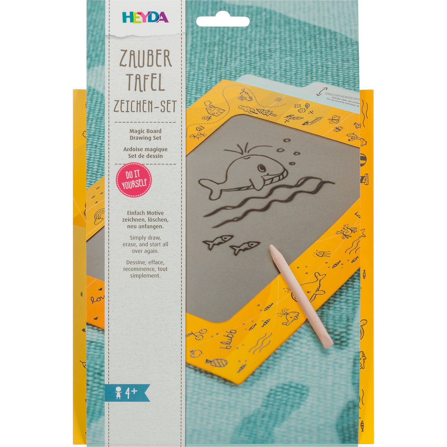 Zaubertafel Zeichen-Set mit gelbem Rahmen und Wal-Motiv. Inklusive Stift, ideal für Kinder ab 4 Jahren. Marke: HEYDA.