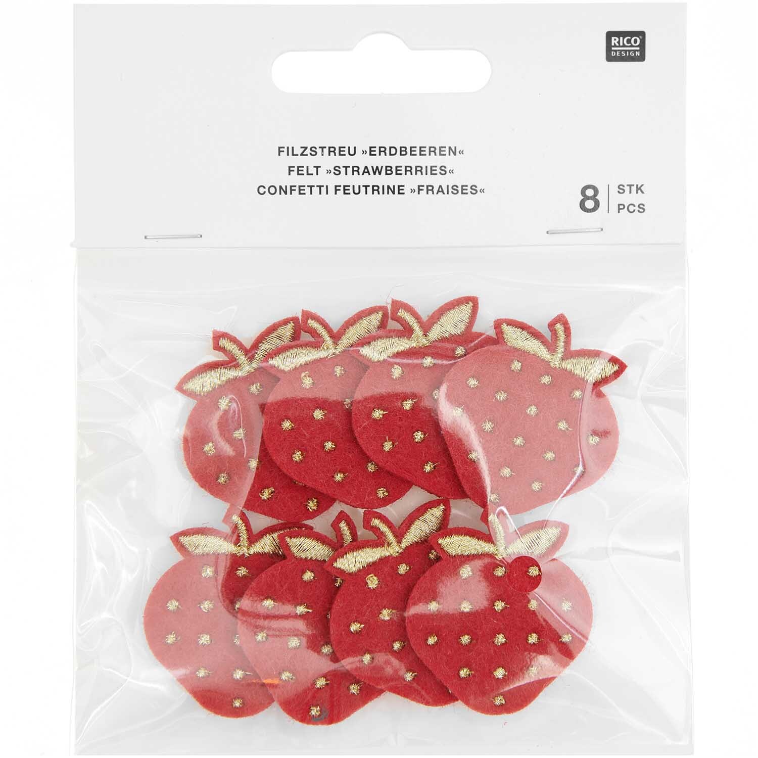 Filzstreu Erdbeeren bestickt Rot/Gold 8 Stück von Rico Design
