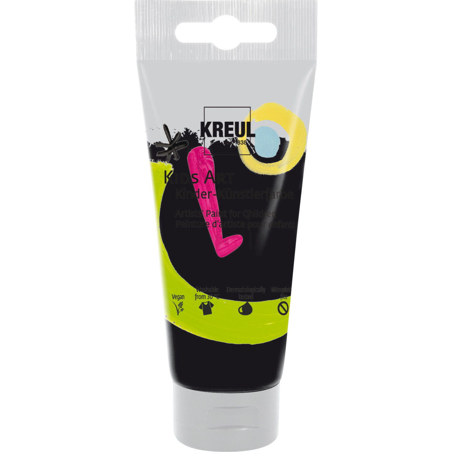 Kids Art Kinder-Künstlerfarbe in einer 75ml Tube, schwarze Farbe, Marke KREUL, mit buntem Design.