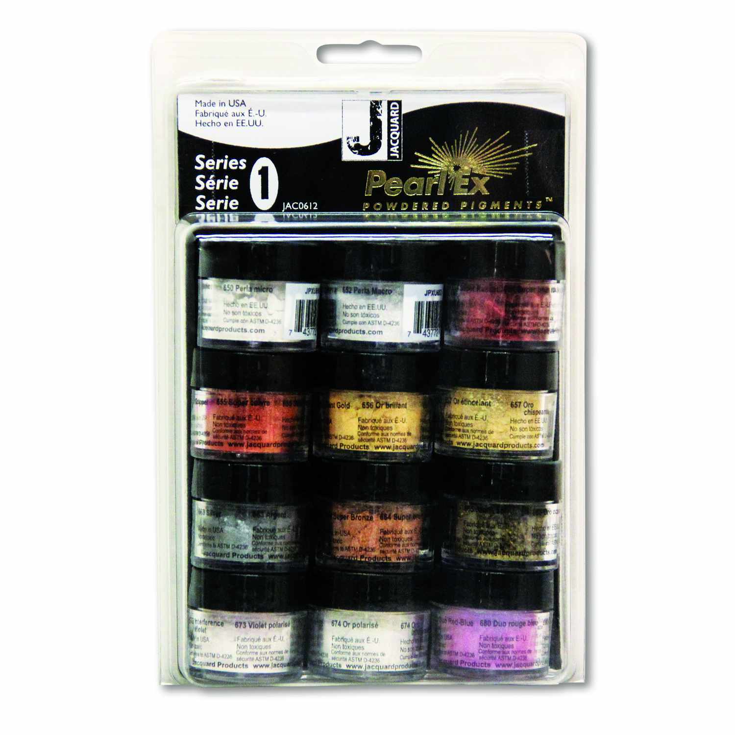 Das Bild zeigt die Vorderansicht des Pearl Ex Powdered Pigments Set Series 1 von JACQUARD. Die Verpackung enthält mehrere kleine Behälter mit mehrfarbigen Pigmenten, ideal für kreative Projekte.