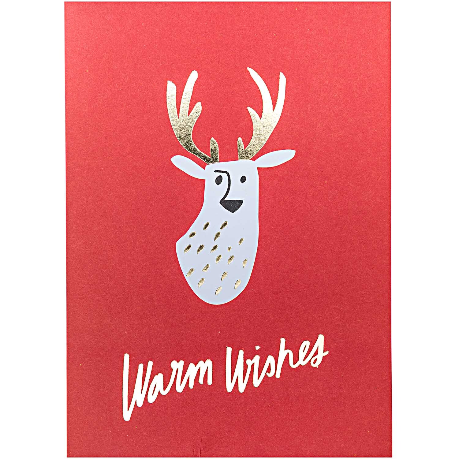 Paper Poetry Postkartenblock zeigt ein Rentier mit goldenen Geweihen auf rotem Hintergrund und dem Schriftzug "Warm Wishes".