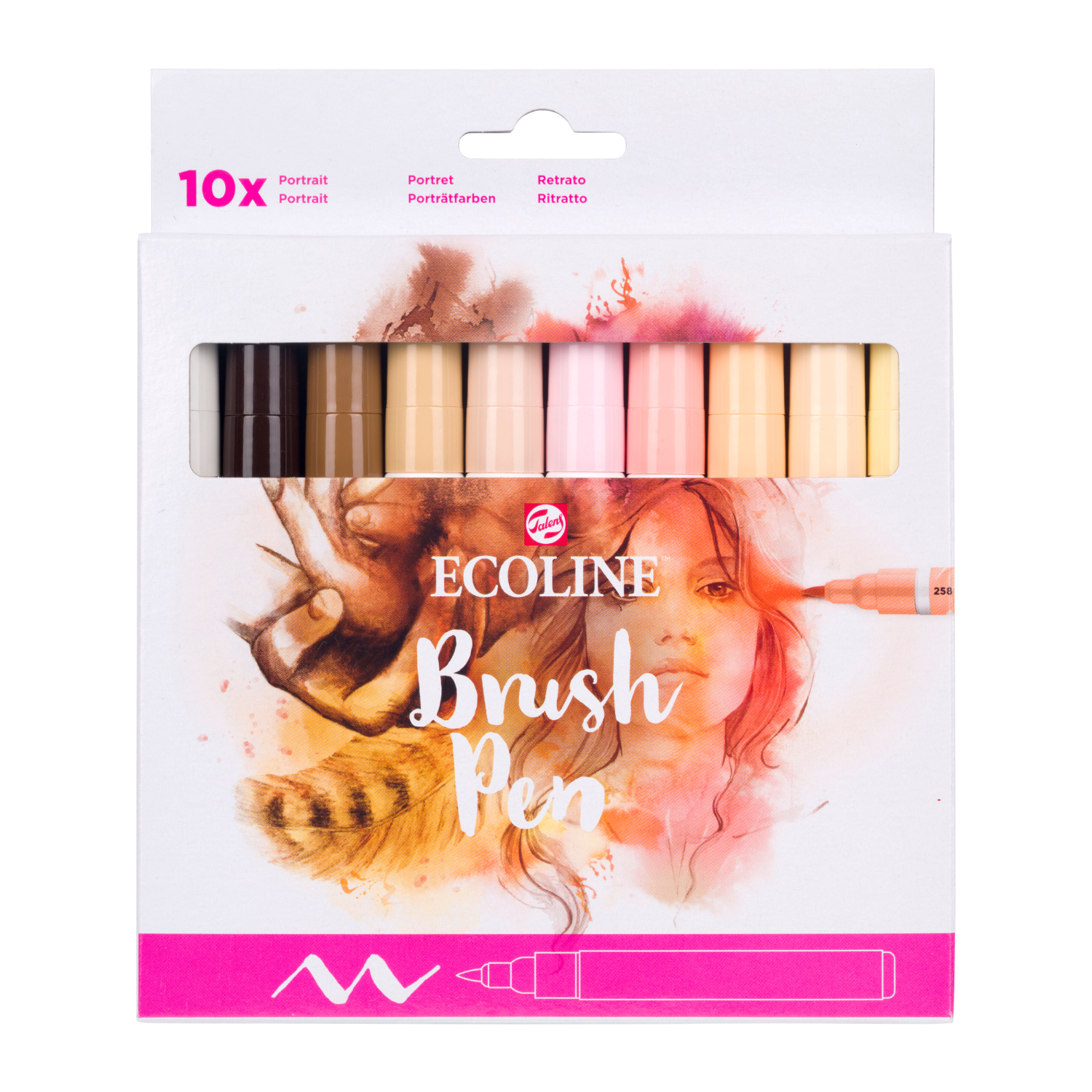 Ecoline Brush Pen Set Portraitfarben, 10 Stück in verschiedenen Hauttönen, ideal für kreative Projekte. Verpackung zeigt künstlerisches Design.