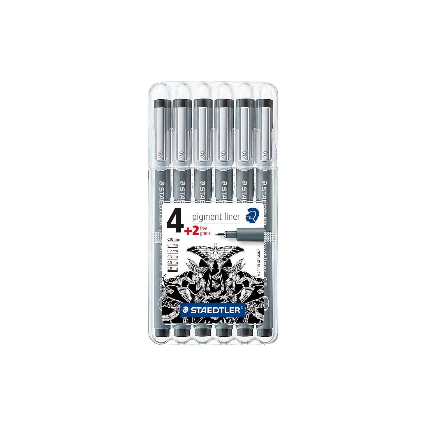 Pigment Liner schwarz Box 6 Stück von Staedtler, zeigt sechs schwarze Stifte in einer transparenten Verpackung. Ideal für präzises Zeichnen.