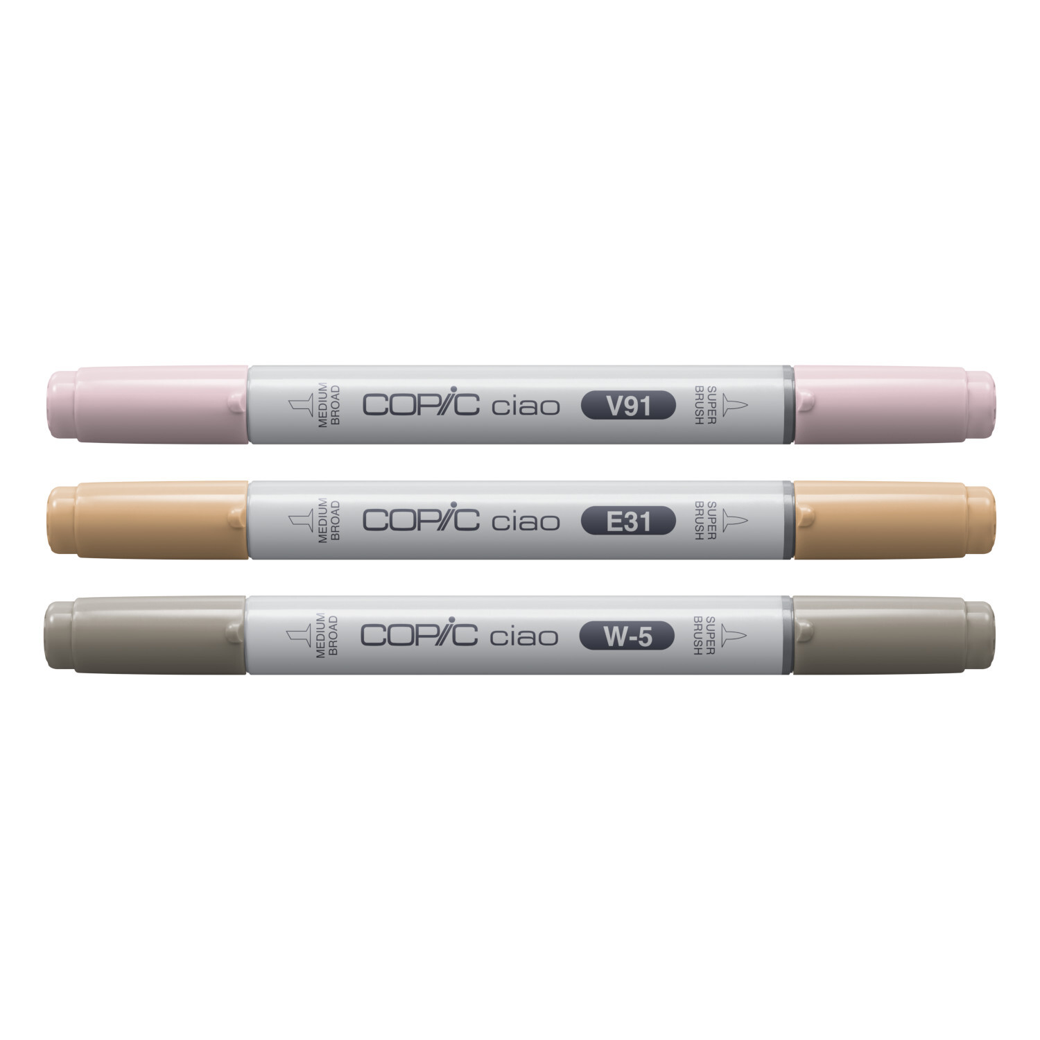 Marker Set Ciao Layer & Mix Pet Palette 3 Stück zeigt drei Copic Marker in Pastelltönen.