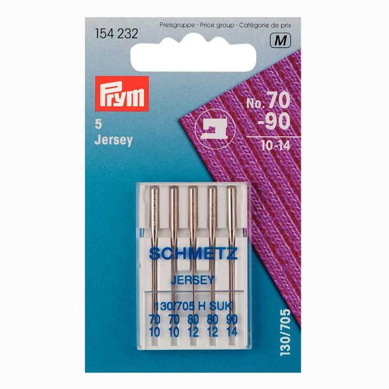 Nähmaschinennadeln 130/705 Jersey Nr.70-90, 5 Stück von Prym, silberne Nadeln in Verpackung. Ideal für Jersey-Stoffe.