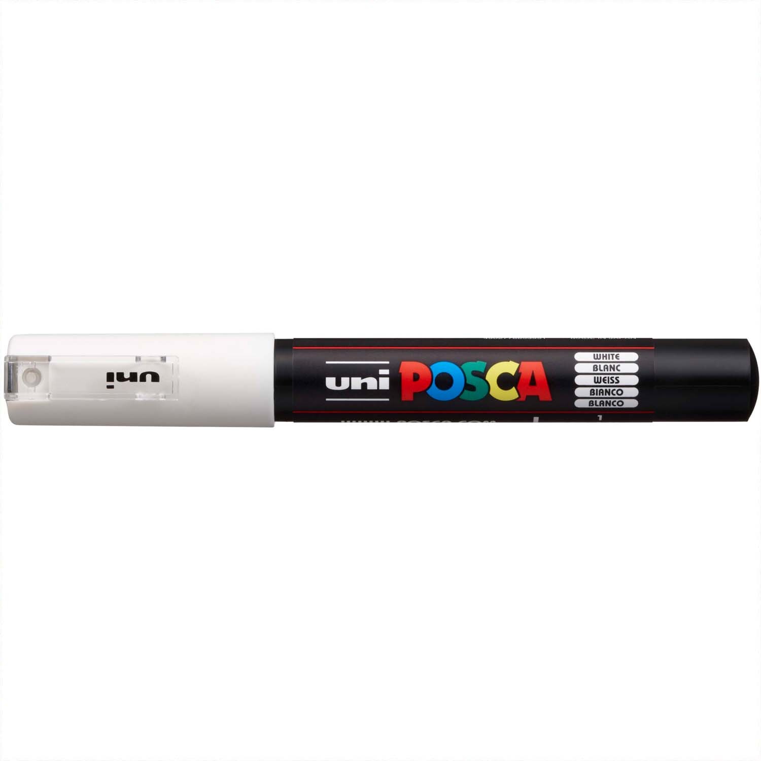 POSCA-Marker PC-1MC 0,7-1mm, ideal für präzises Zeichnen. Schwarzer Stift mit weißer Kappe, Marke uni.